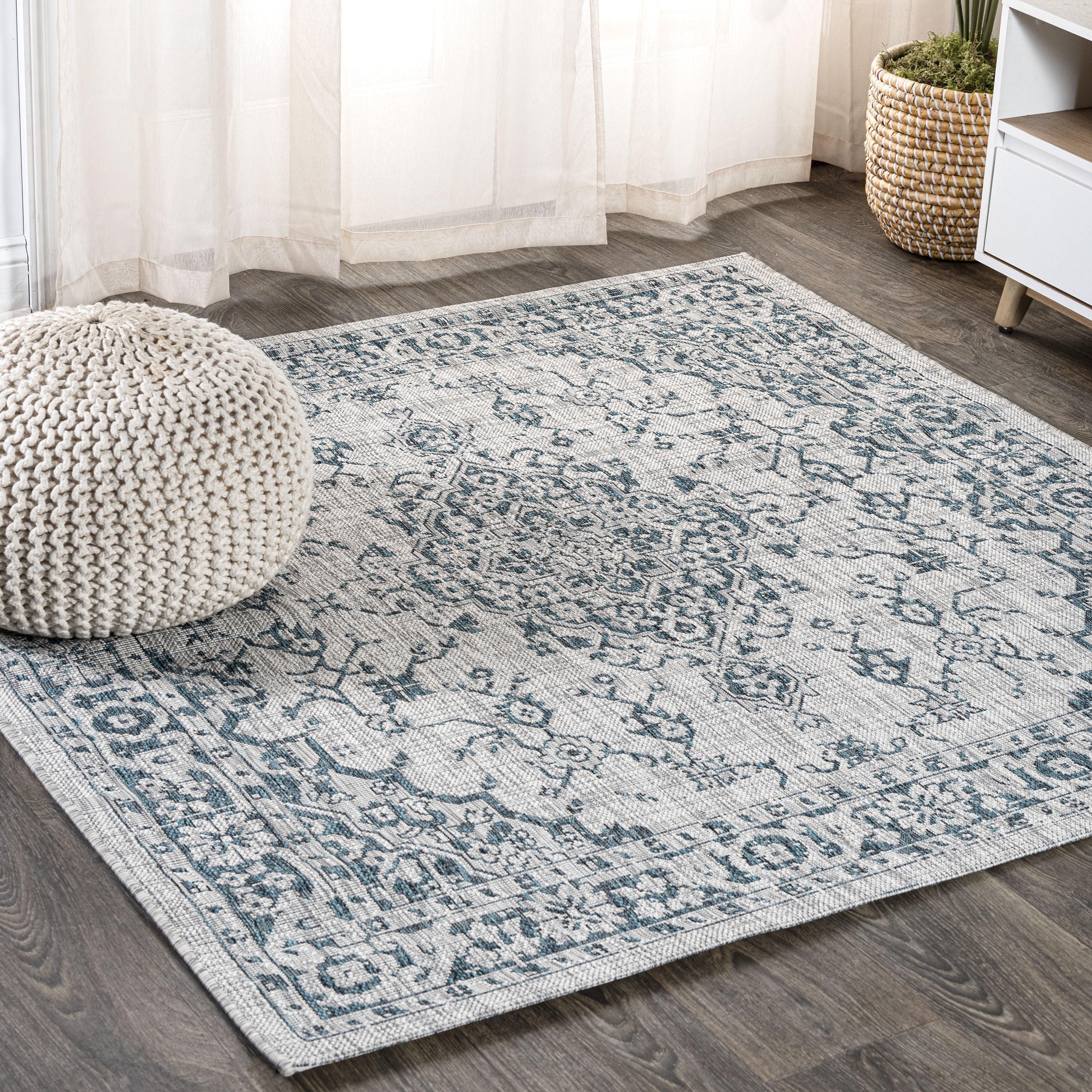 5' Square Rozetta Boho Medallion Textured Weave Indoor/Outdoor Area Rug, Gray/Teal - JONATHAN Y