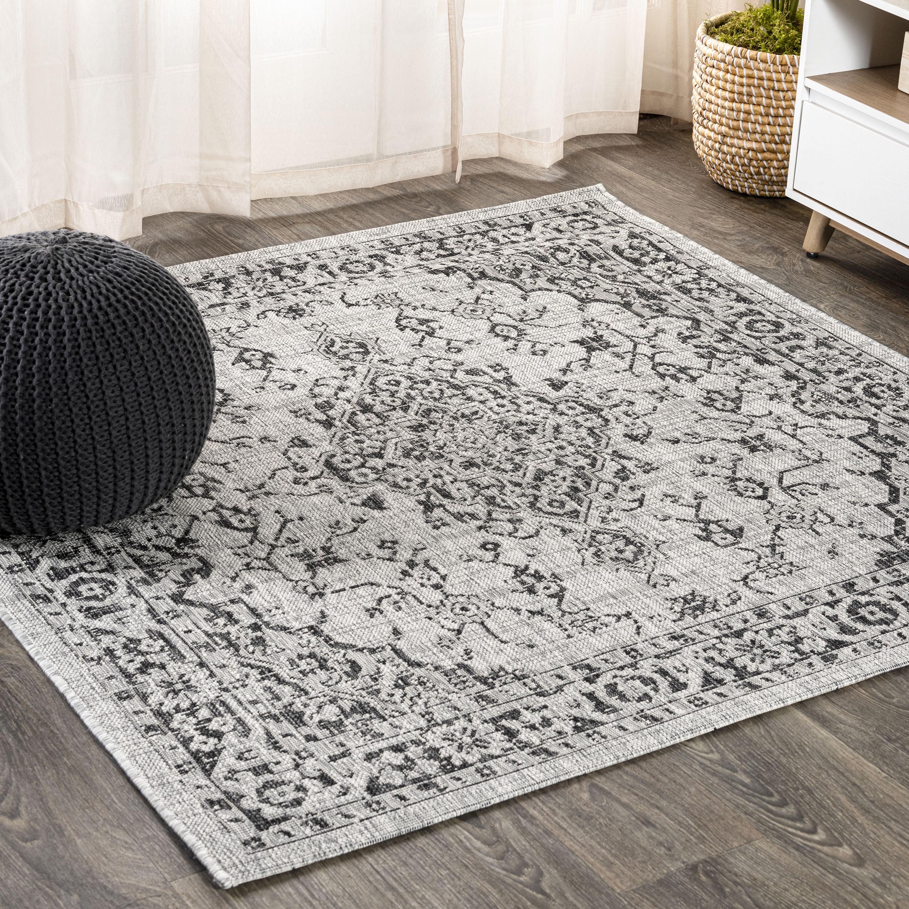 5' Square Rozetta Boho Medallion Textured Weave Indoor/Outdoor Area Rug, Gray/Black - JONATHAN Y