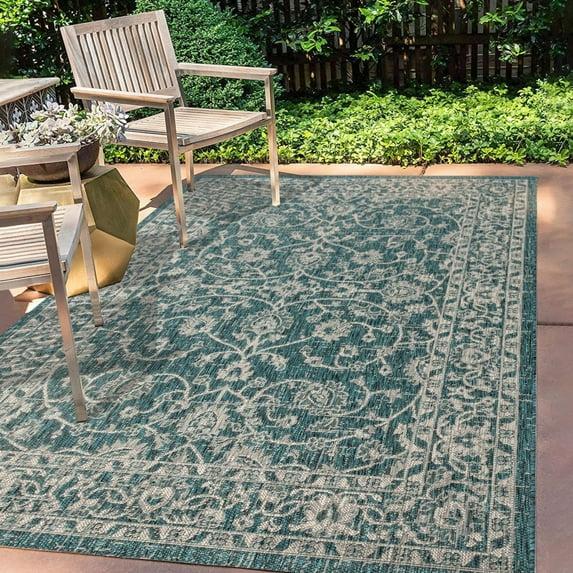 4'x6' Palazzo Vine and Border Textured Weave Indoor/Outdoor Area Rug, Teal/Gray - JONATHAN Y