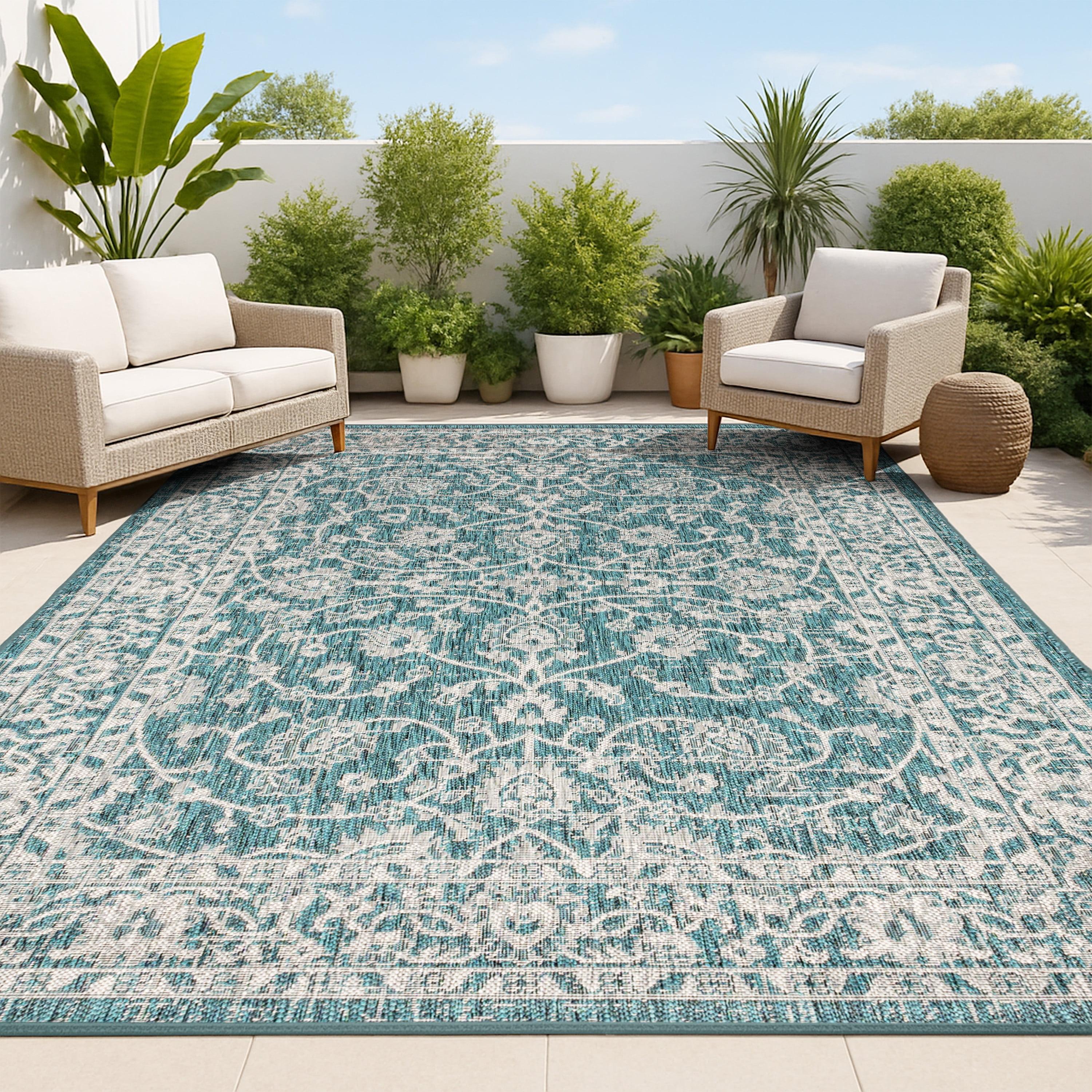 4'x6' Palazzo Vine and Border Textured Weave Indoor/Outdoor Area Rug, Teal/Gray - JONATHAN Y