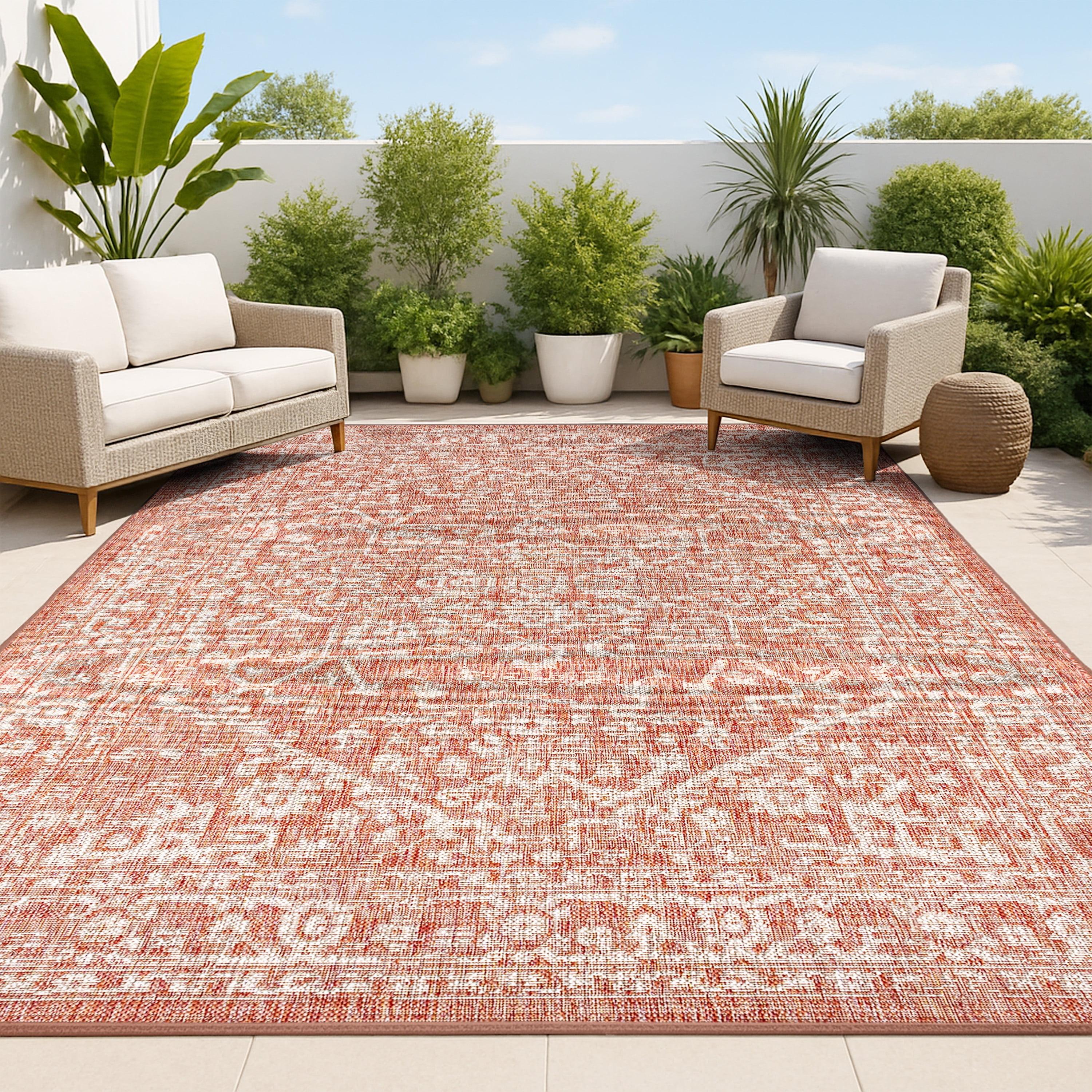 5'x8' Malta Bohemian Medallion Textured Weave Indoor/Outdoor Area Rug, Red/Taupe - JONATHAN Y
