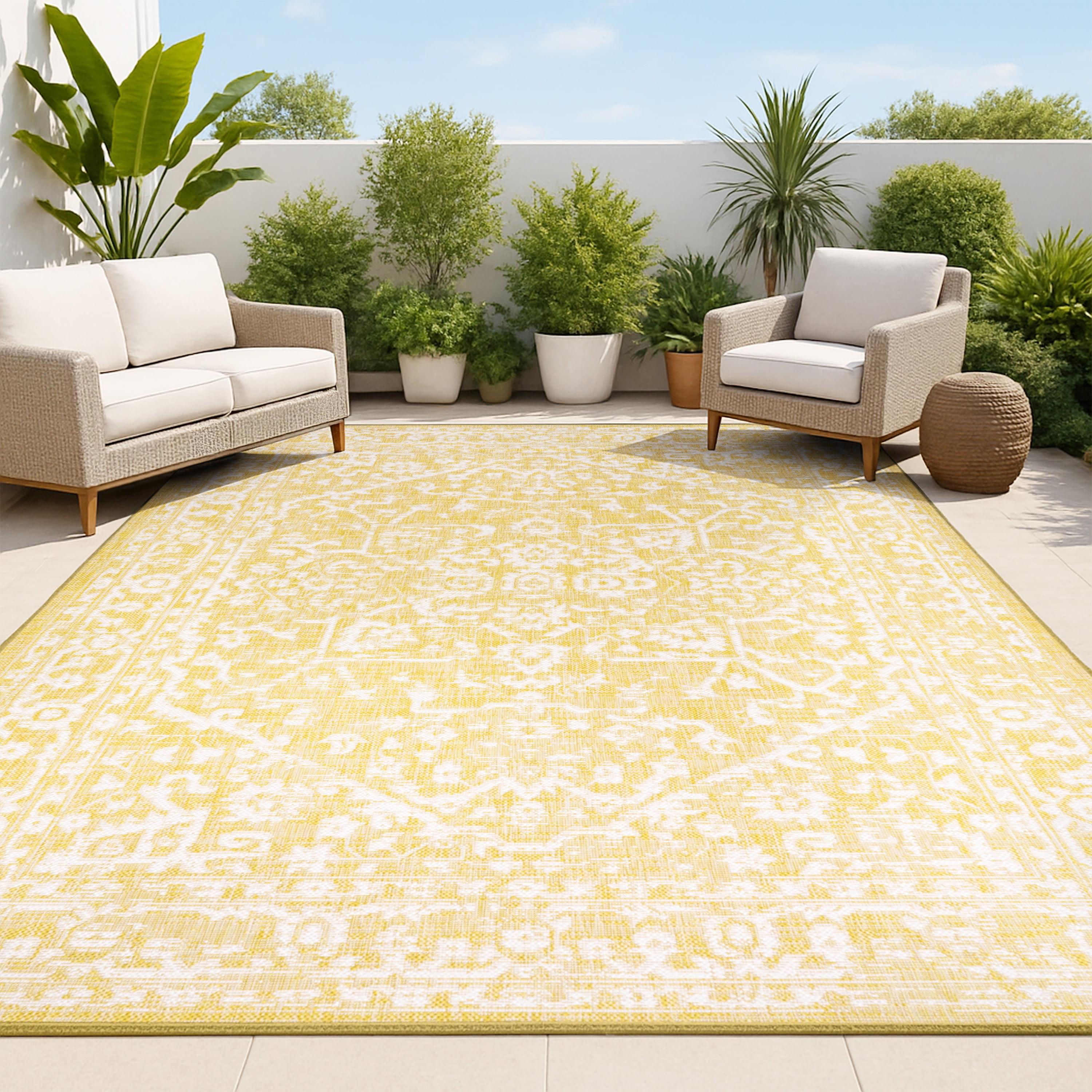 3' x 5' Malta Bohemian Medallion Textured Weave Indoor/Outdoor Area Rug, Yellow/Cream - JONATHAN Y
