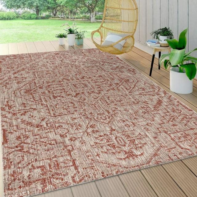 9' X 12' Estrella Bohemian Medallion Textured Weave Indoor/Outdoor Area Rug, Red/Taupe - JONATHAN Y