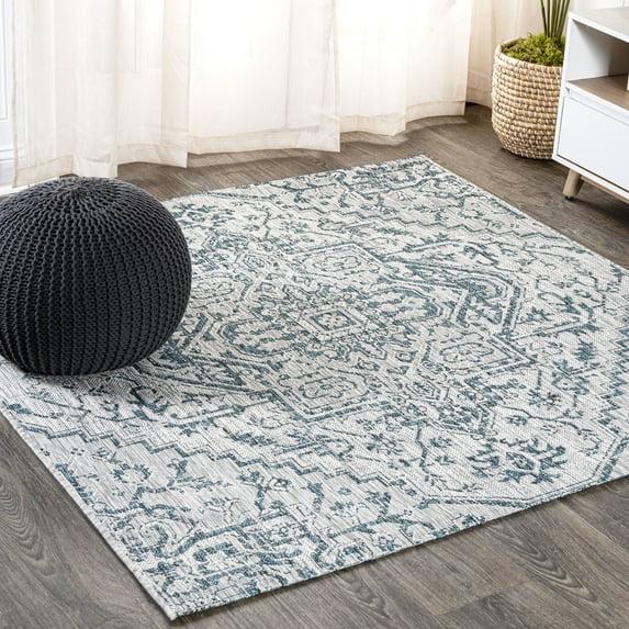 5' Square Estrella Bohemian Medallion Textured Weave Indoor/Outdoor Area Rug, Teal/Gray - JONATHAN Y