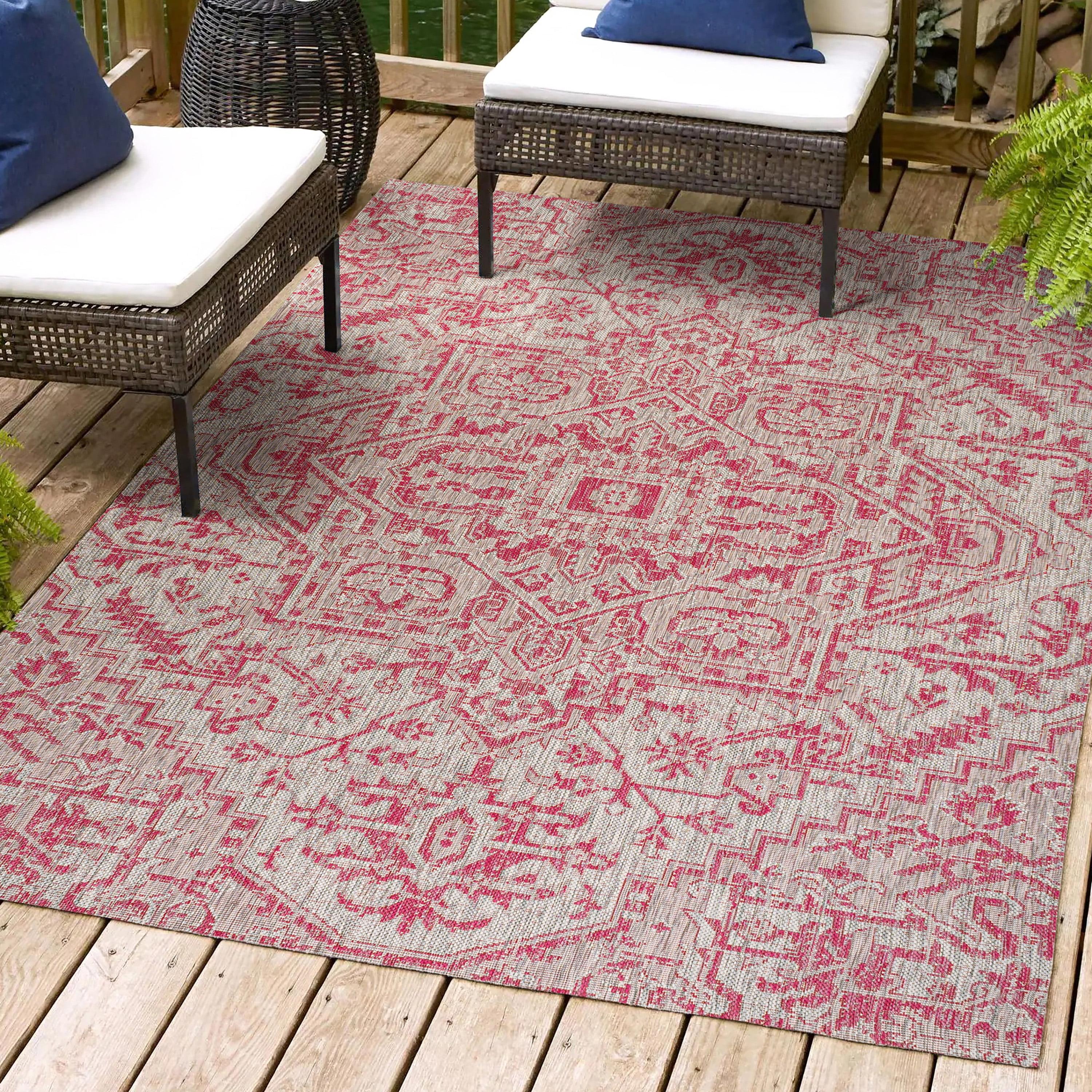 4' x 6' Estrella Bohemian Medallion Textured Weave Indoor/Outdoor Area Rug, Light Gray/Fuchsia - JONATHAN Y