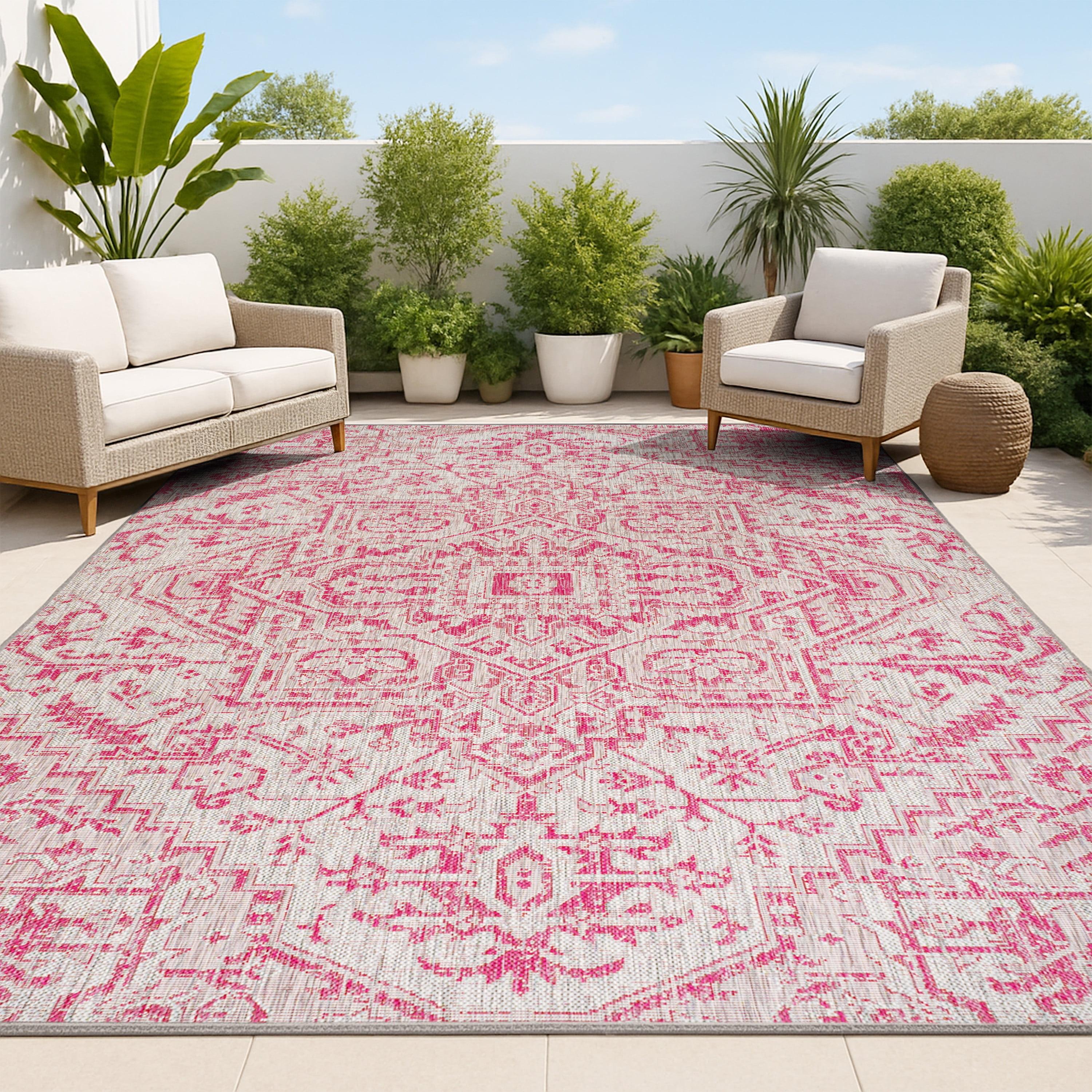 4' x 6' Estrella Bohemian Medallion Textured Weave Indoor/Outdoor Area Rug, Light Gray/Fuchsia - JONATHAN Y