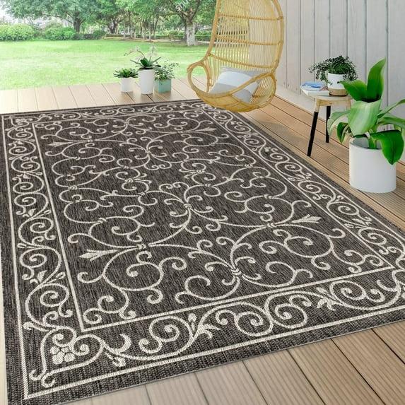 4'x6' Charleston Vintage Filigree Textured Weave Indoor/Outdoor Area Rug, Black/Gray - JONATHAN Y