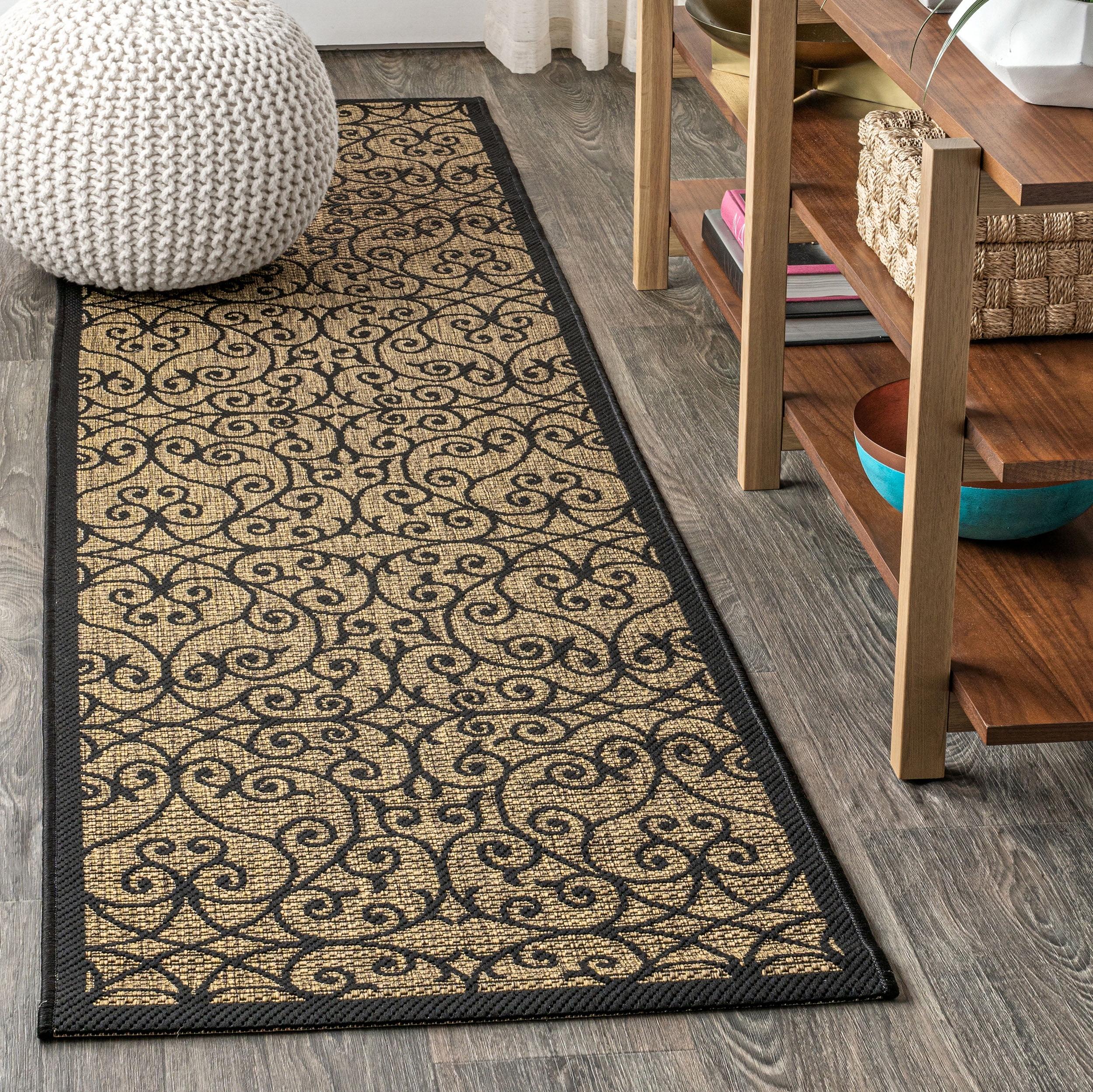 2'x8' Madrid Vintage Filigree Textured Weave Indoor/Outdoor Runner Rug, Black - JONATHAN Y
