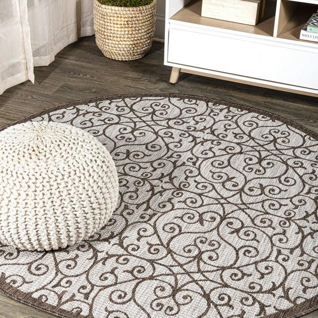 5' Round Madrid Vintage Filigree Textured Weave Indoor/Outdoor Area Rug, Taupe/Espresso - JONATHAN Y