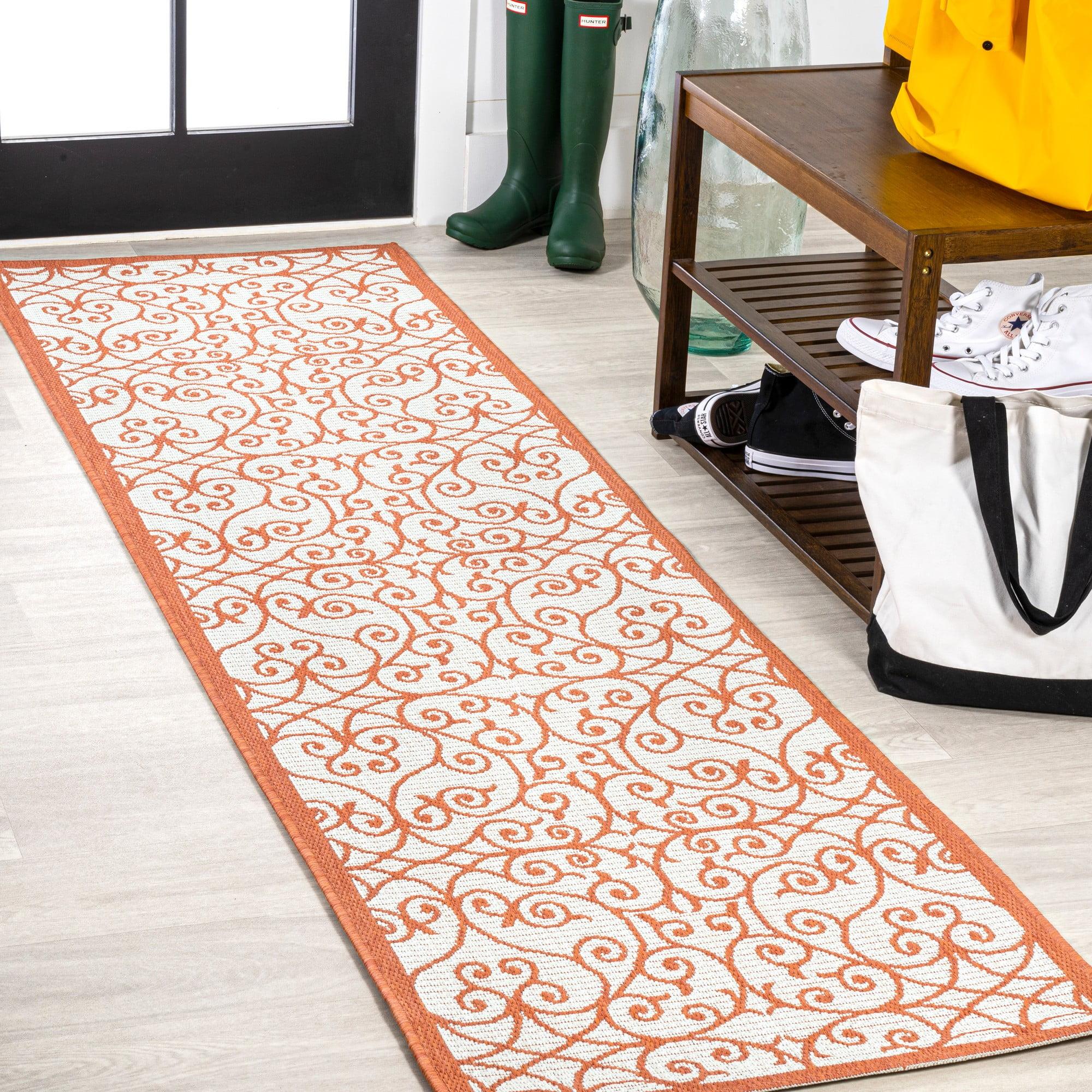 2' x 10' Madrid Vintage Filigree Textured Weave Indoor/Outdoor Runner Rug, Cream/Orange - JONATHAN Y