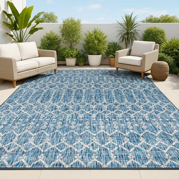 9' X 12' Ourika Moroccan Geometric Textured Weave Indoor/Outdoor Area Rug, Navy/Light Gray - JONATHAN Y