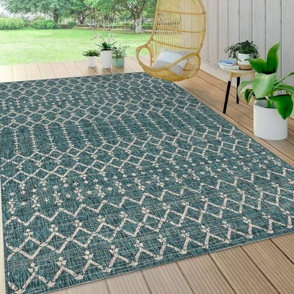 5'x8' Ourika Moroccan Geometric Textured Weave Indoor/Outdoor Area Rug, Teal/Gray - JONATHAN Y