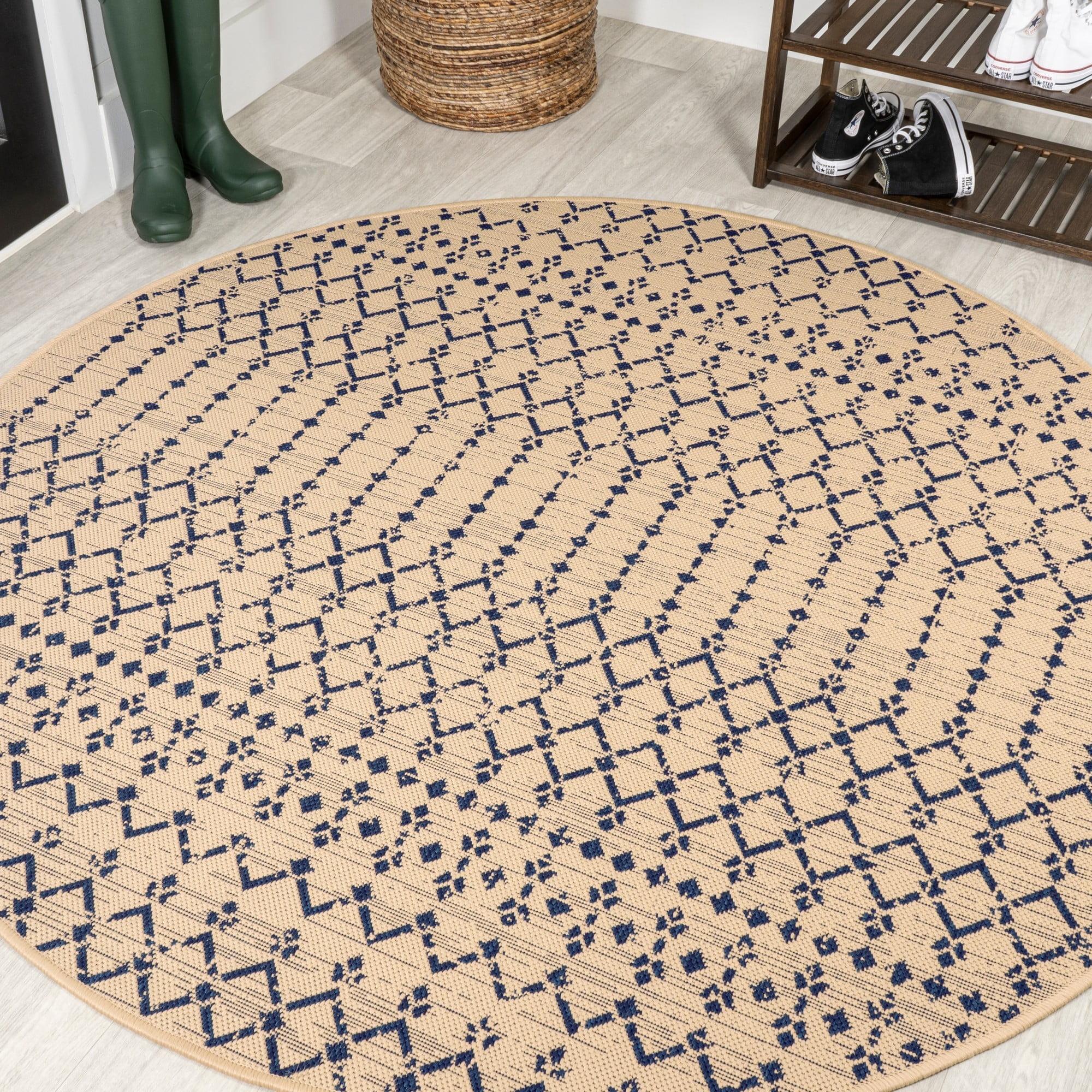 5' Round Ourika Moroccan Geometric Textured Weave Indoor/Outdoor Area Rug, Beige/Navy - JONATHAN Y