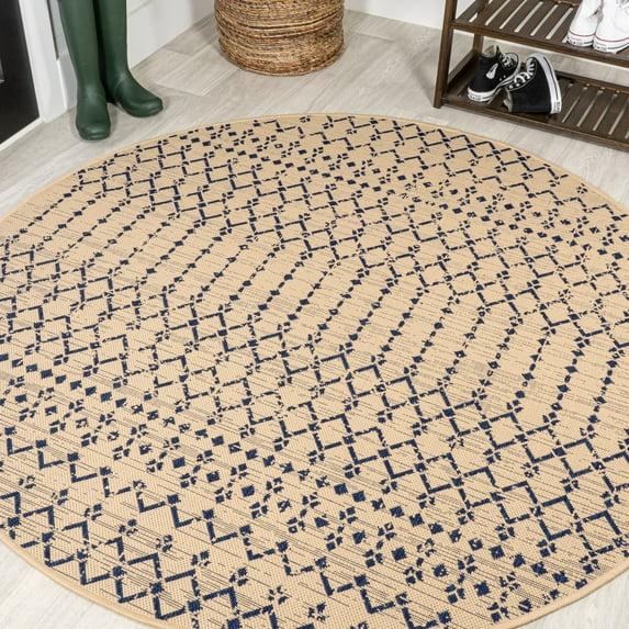 5' Round Ourika Moroccan Geometric Textured Weave Indoor/Outdoor Area Rug, Beige/Navy - JONATHAN Y