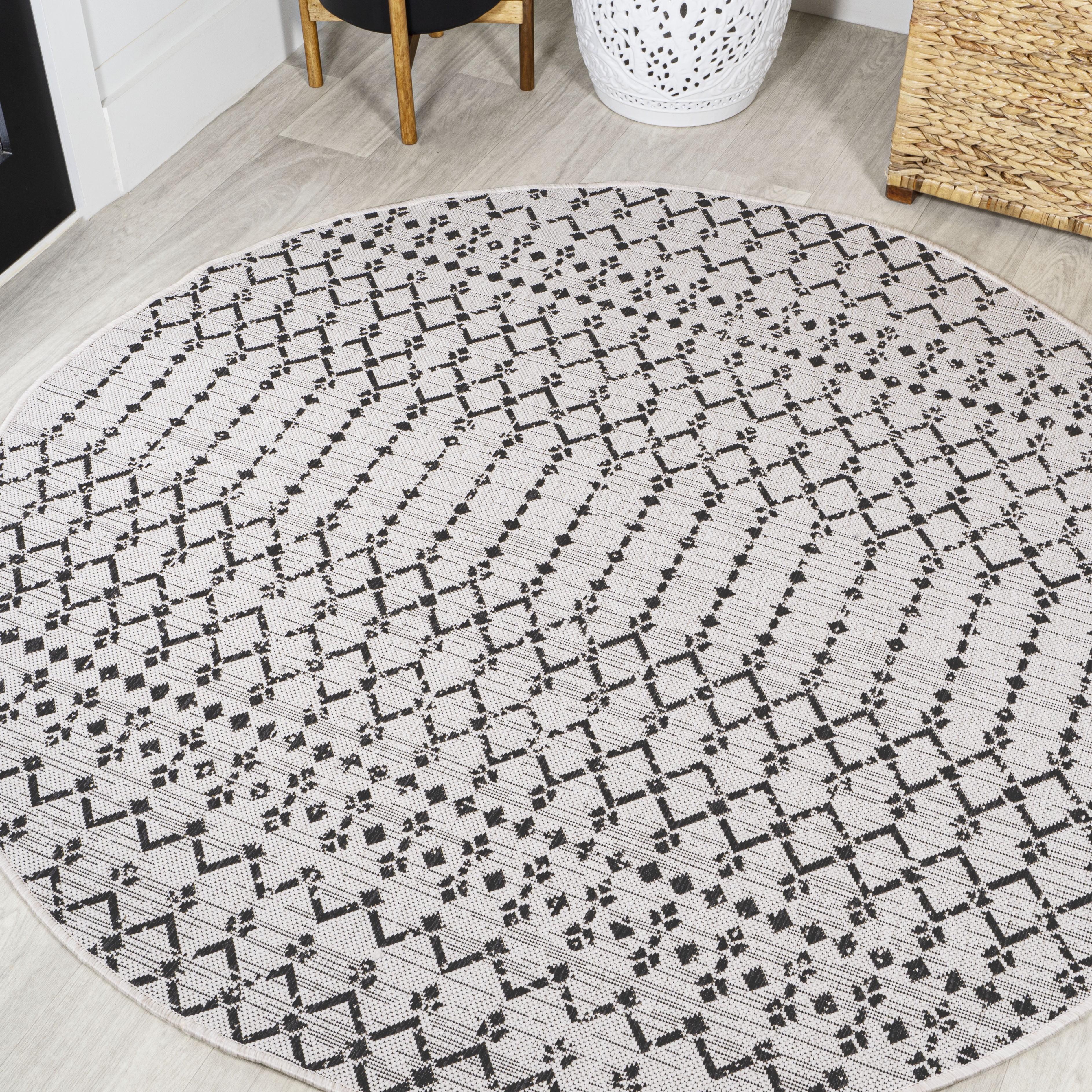 5' Round Ourika Moroccan Geometric Textured Weave Indoor/Outdoor Area Rug, Cream/Black - JONATHAN Y