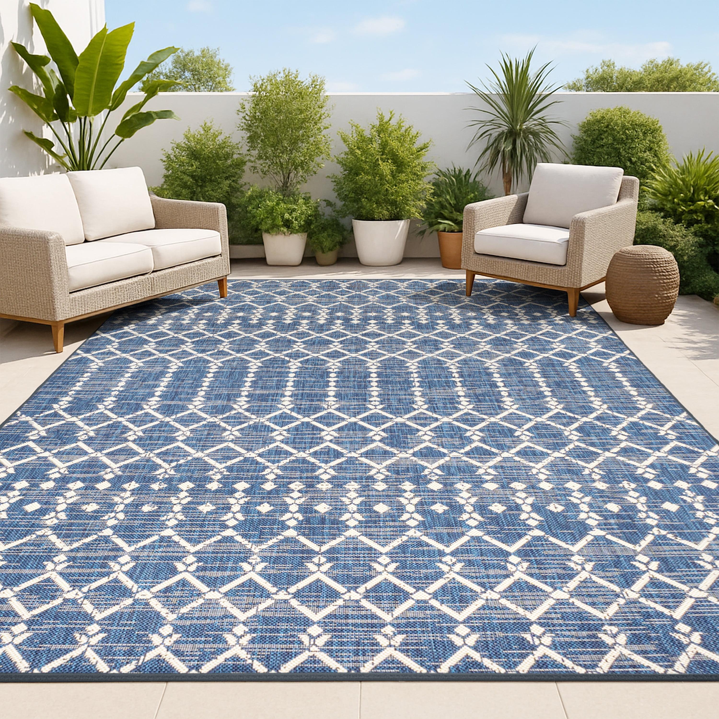 8' x 10' Ourika Moroccan Geometric Textured Weave Indoor/Outdoor Area Rug, Navy/Beige - JONATHAN Y
