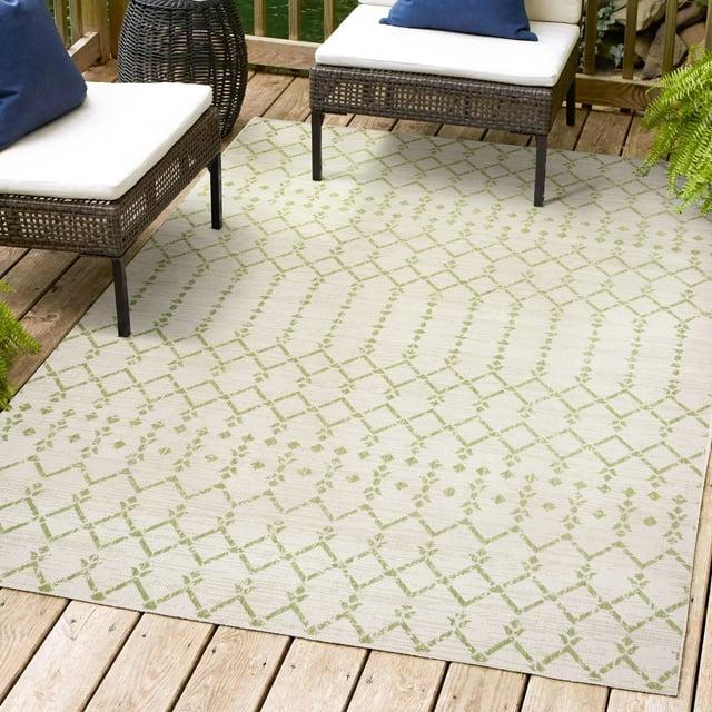 3' x 5' Ourika Moroccan Geometric Textured Weave Indoor/Outdoor Area Rug, Cream/Green - JONATHAN Y
