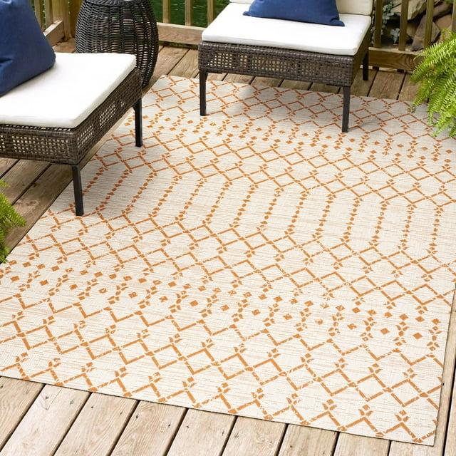 5' x 8' Ourika Moroccan Geometric Textured Weave Indoor/Outdoor Area Rug, Cream/Orange - JONATHAN Y