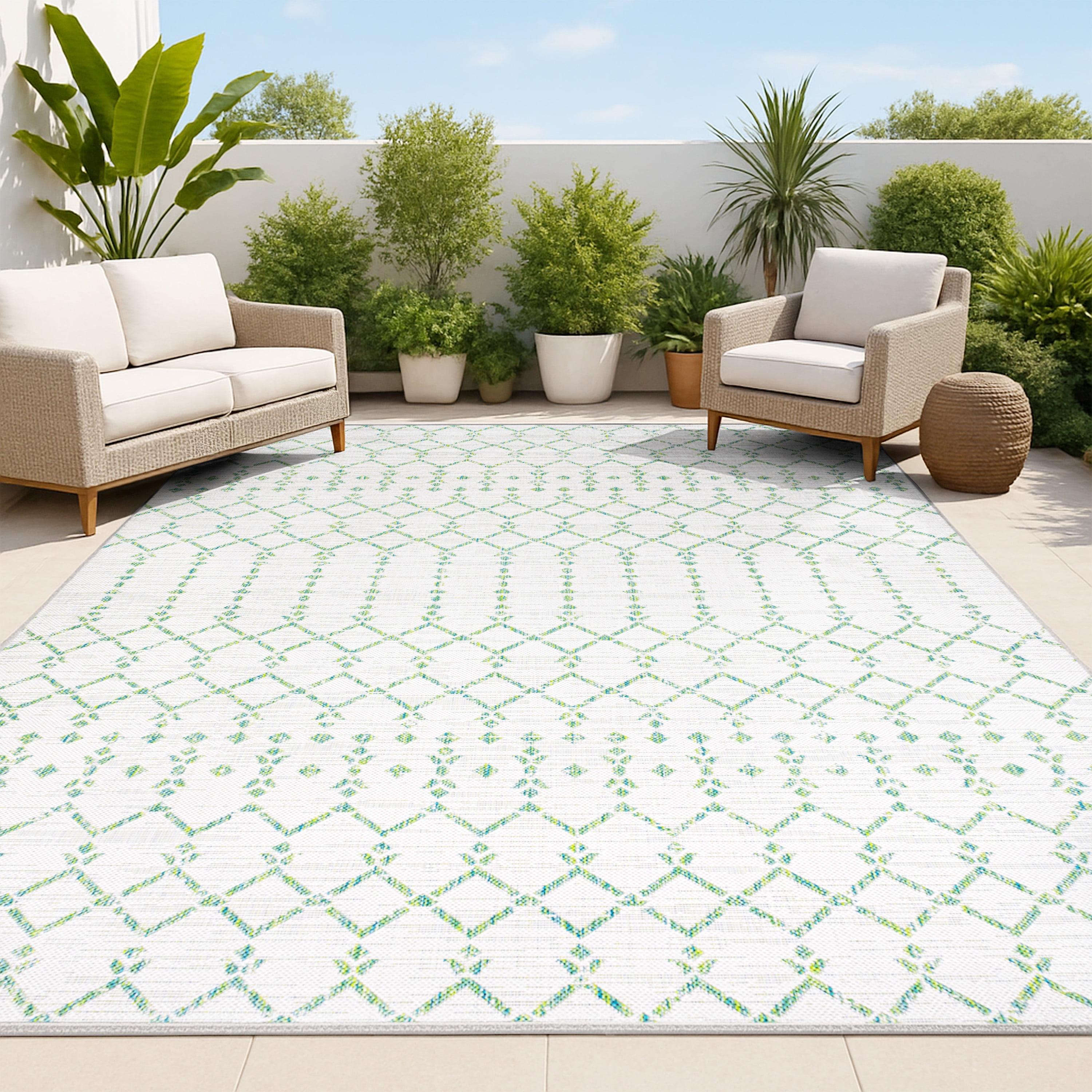 3' x 5' Ourika Moroccan Geometric Textured Weave Indoor/Outdoor Area Rug, Green/Ivory - JONATHAN Y