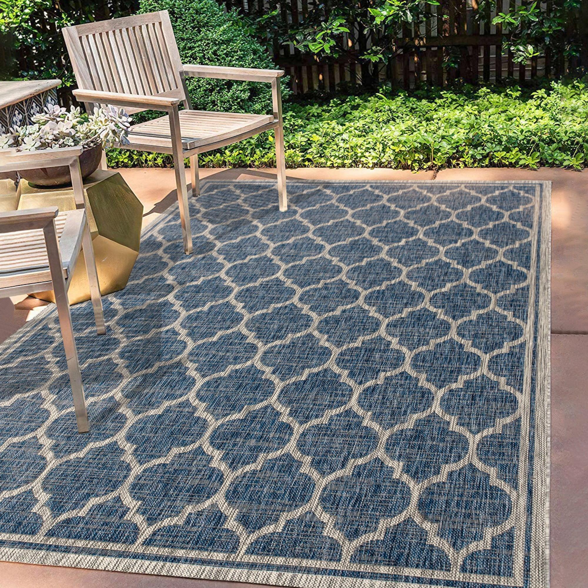 8'x10' Trebol Moroccan Trellis Textured Weave Indoor/Outdoor Area Rug, Navy/Gray - JONATHAN Y