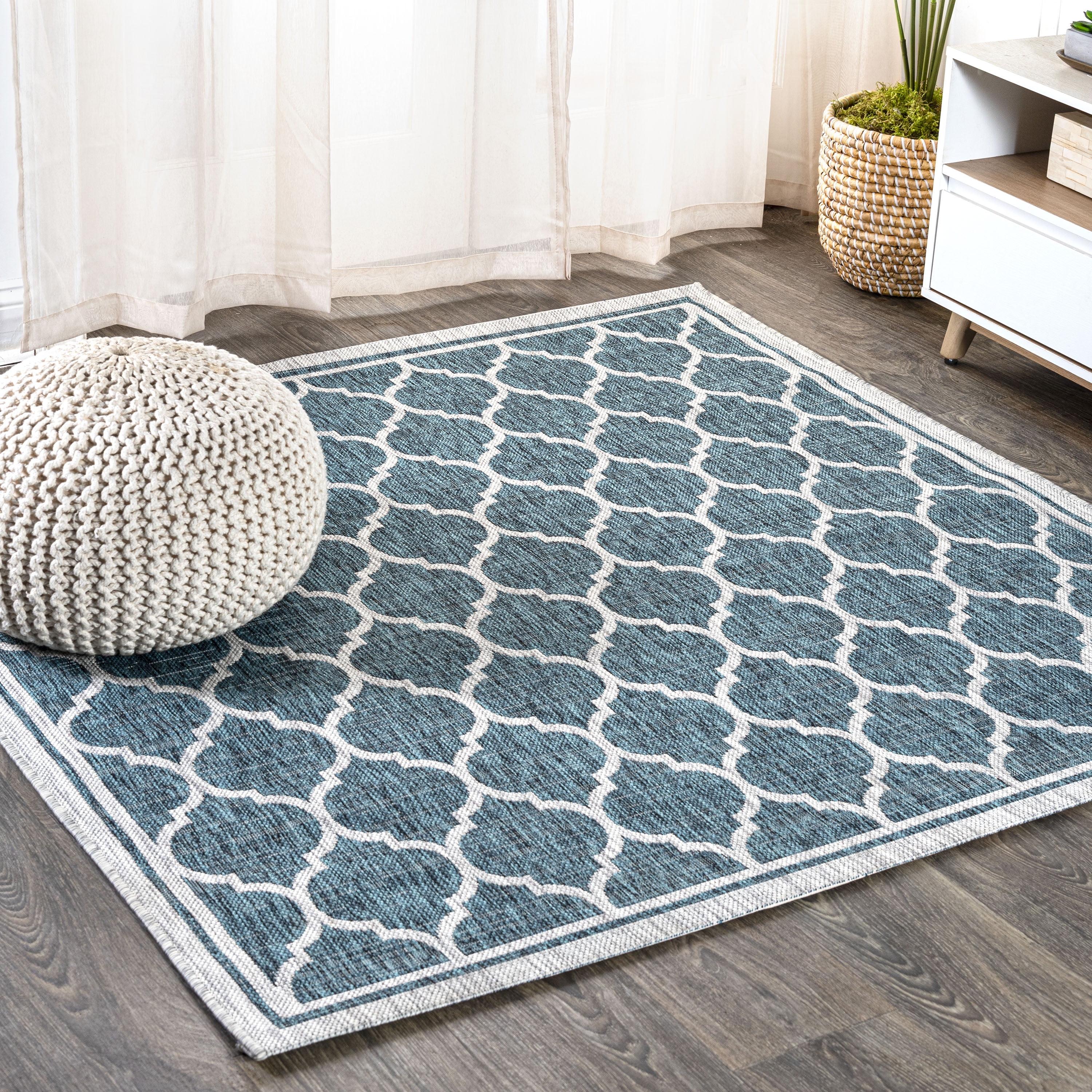 5' Square Trebol Moroccan Trellis Textured Weave Indoor/Outdoor Area Rug, Teal/Gray - JONATHAN Y