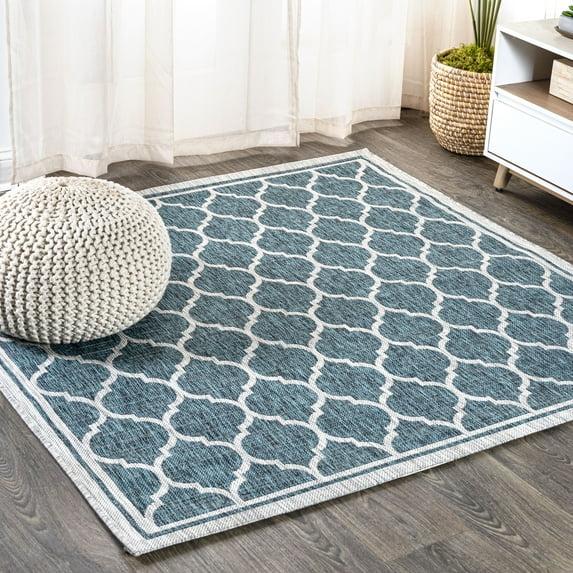 5' Square Trebol Moroccan Trellis Textured Weave Indoor/Outdoor Area Rug, Teal/Gray - JONATHAN Y