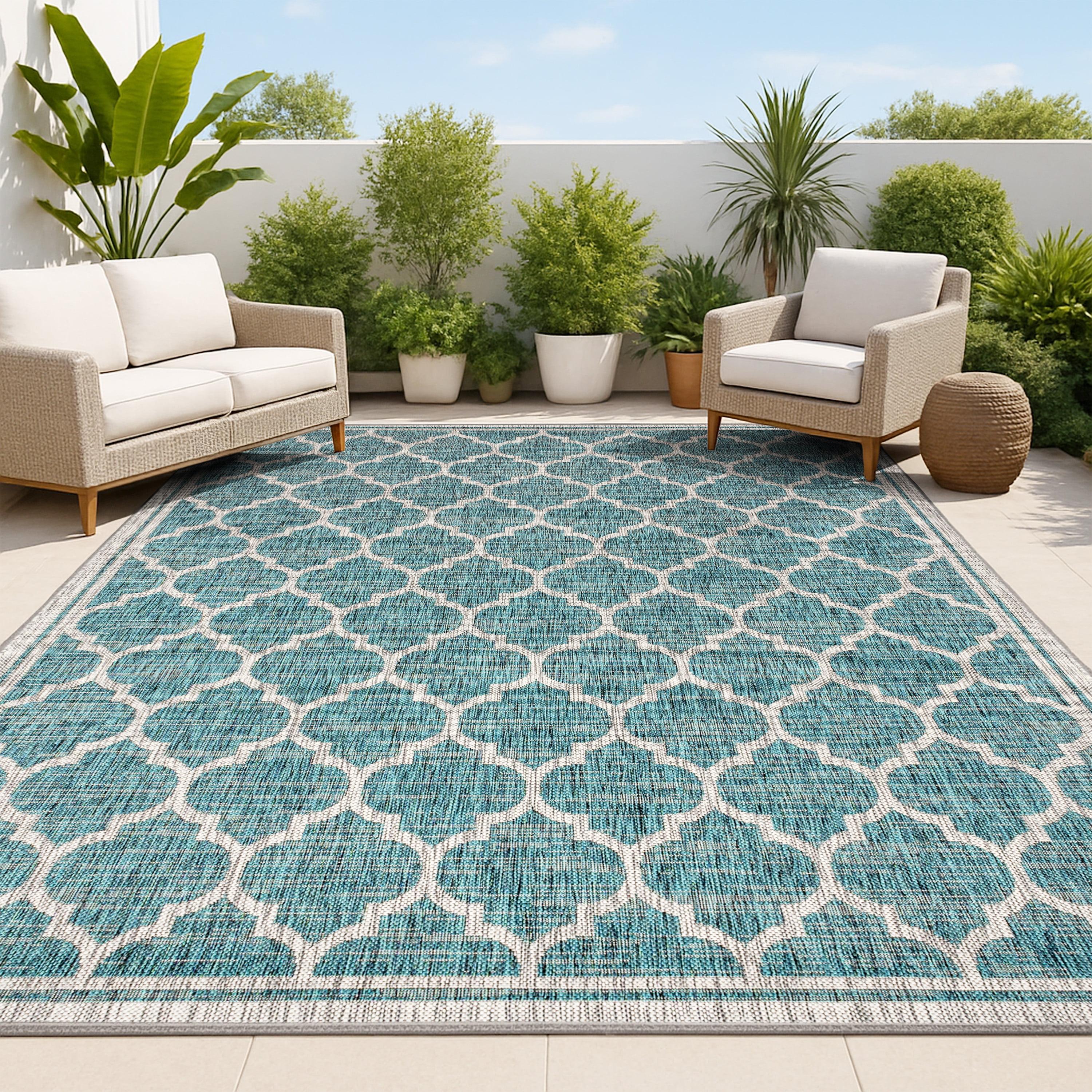 8'x10' Trebol Moroccan Trellis Textured Weave Indoor/Outdoor Area Rug, Teal/Gray - JONATHAN Y