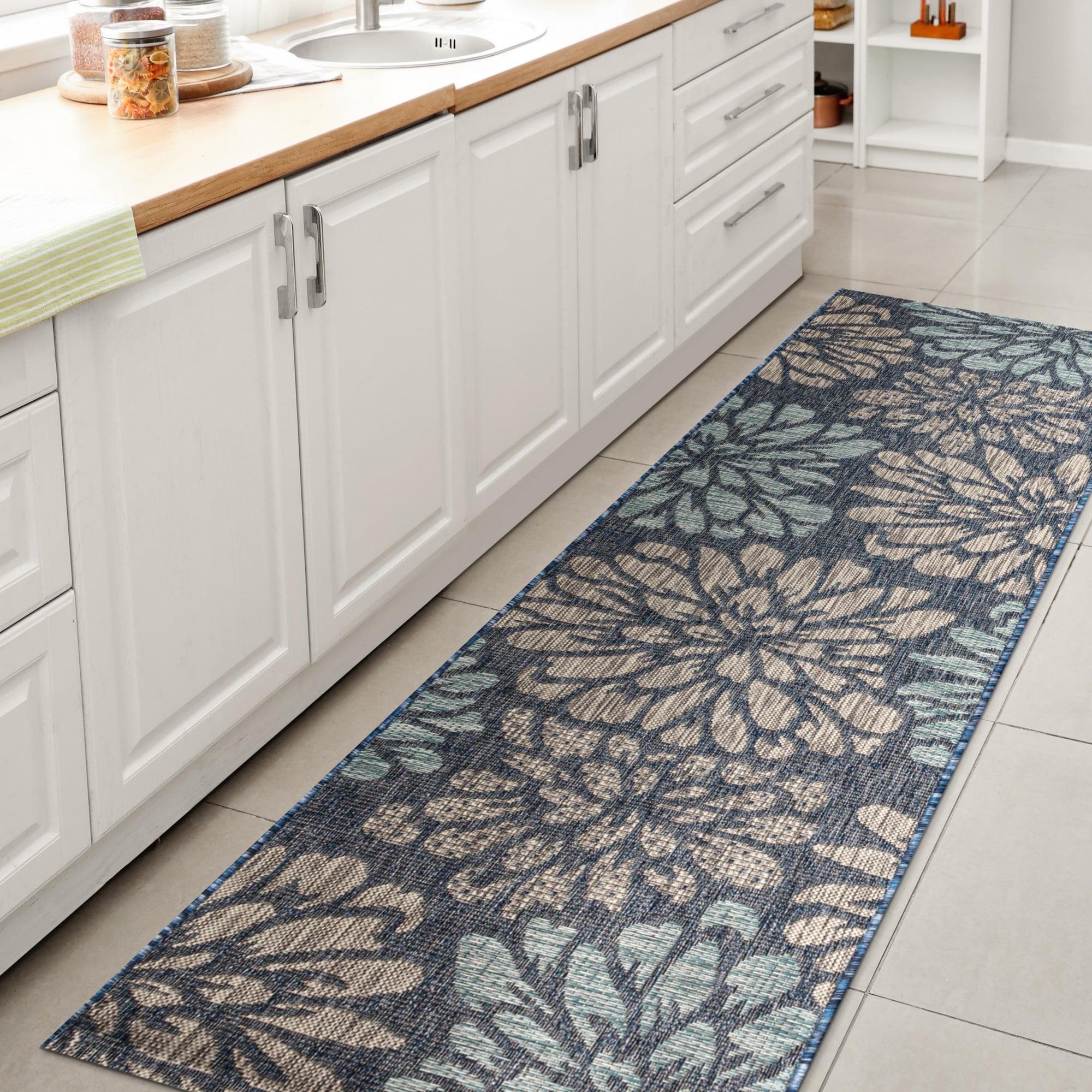 JONATHAN Y Zinnia Modern Floral Textured Weave Navy/Aqua 2 ft. x 20 ft. Indoor/Outdoor Runner Rug