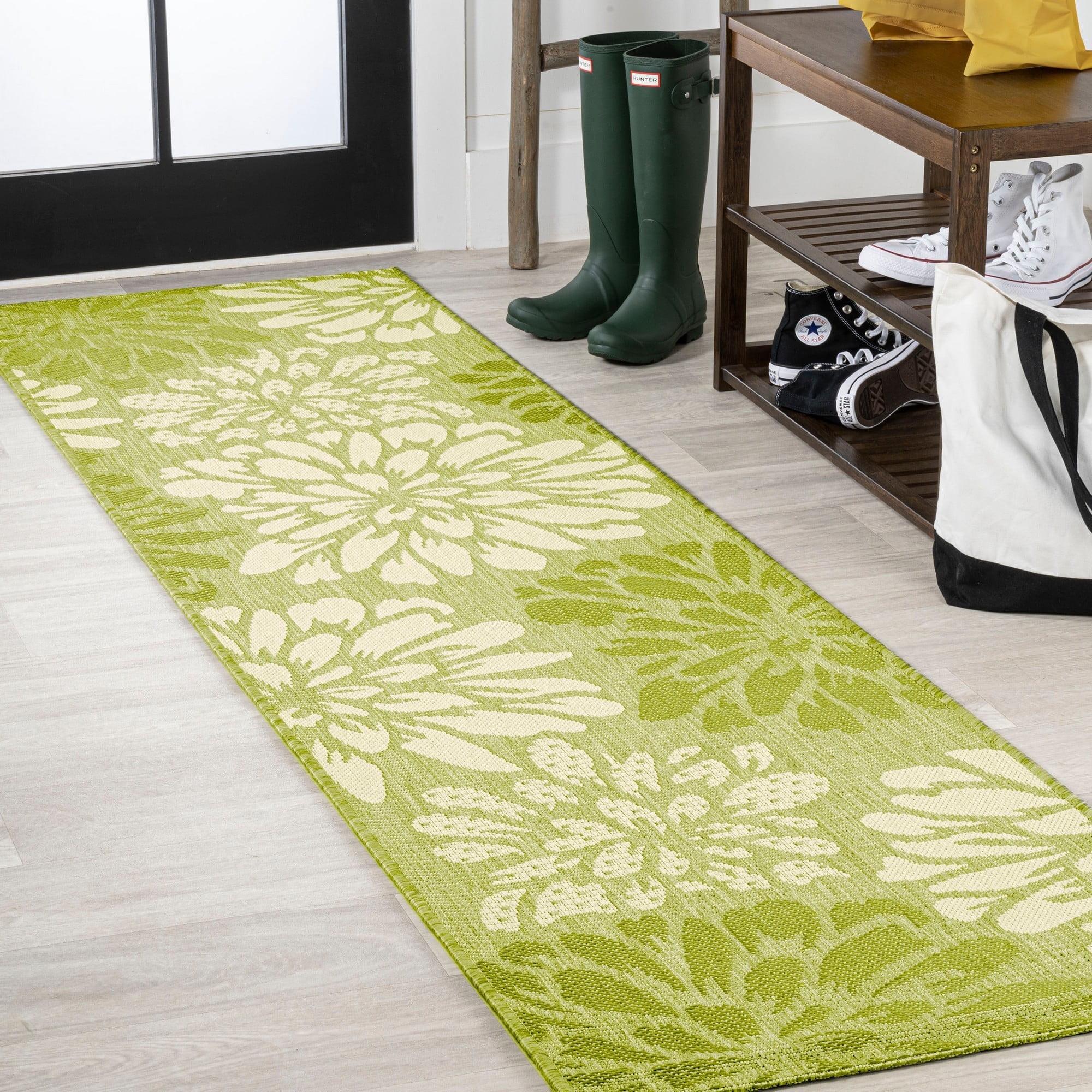 2' x 10' Zinnia Modern Floral Textured Weave Indoor/Outdoor Runner Rug, Green/Cream - JONATHAN Y