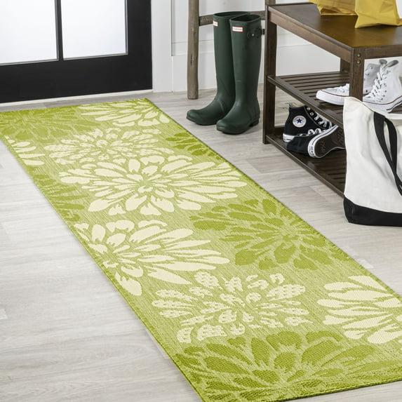 2' x 10' Zinnia Modern Floral Textured Weave Indoor/Outdoor Runner Rug, Green/Cream - JONATHAN Y