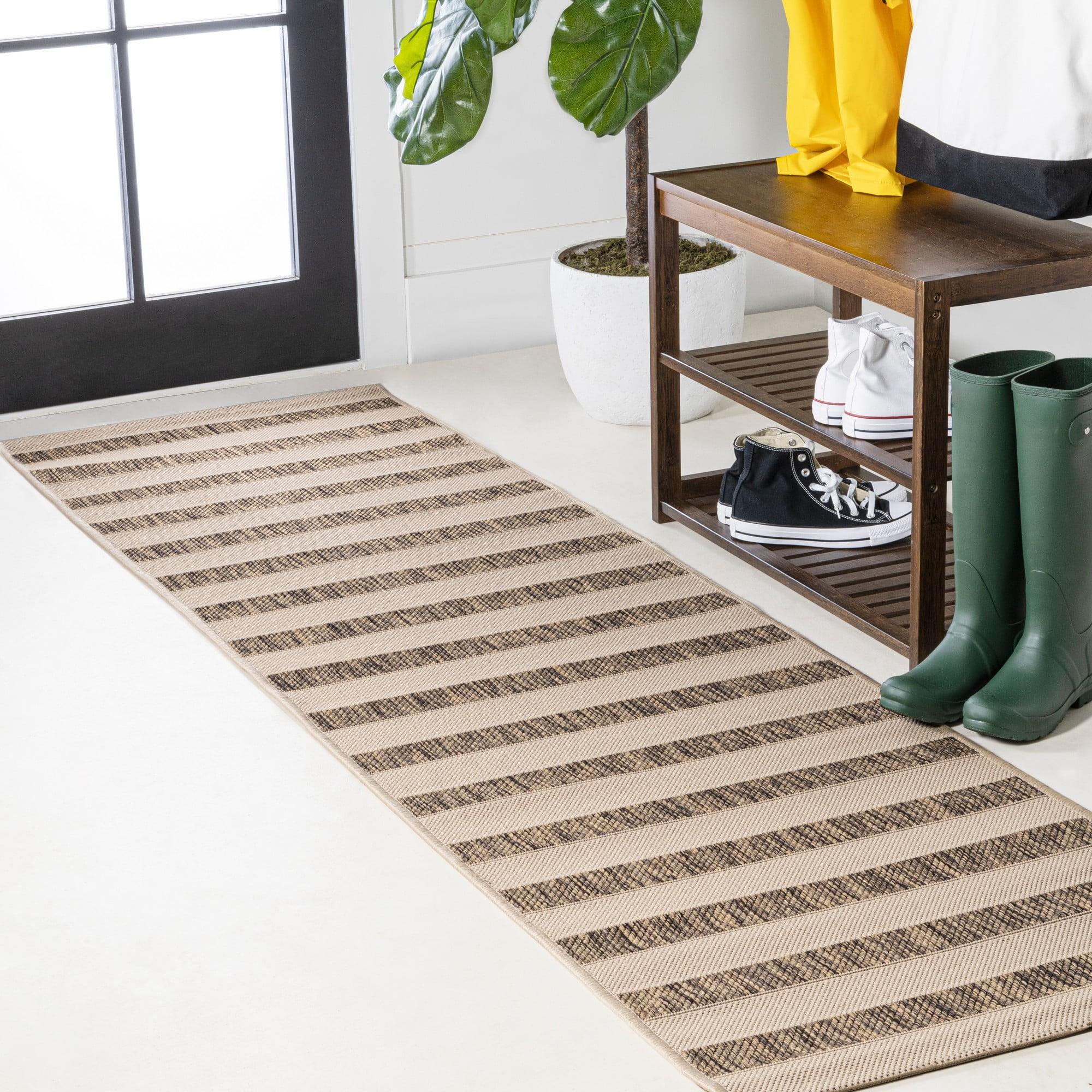 2'x10' Aveiro Wide Stripe Indoor/Outdoor Runner Rug, Beige/Brown - JONATHAN Y