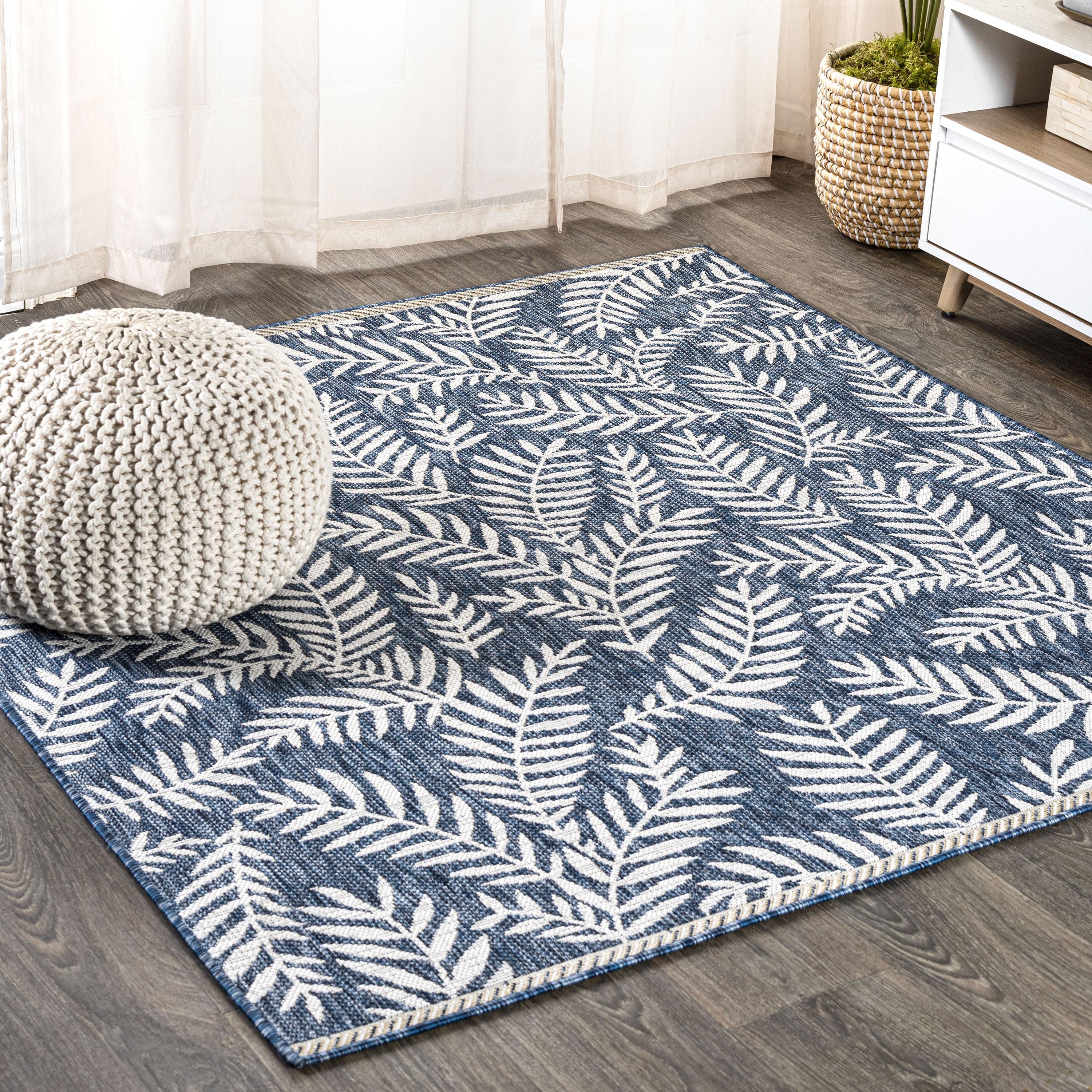 5' Square Nevis Palm Frond Indoor/Outdoor Area Rug, Navy/Ivory - JONATHAN Y