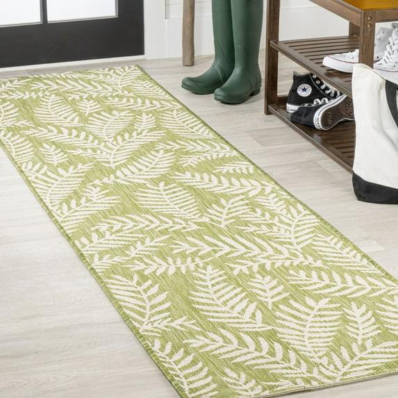 2' x 8' Nevis Palm Frond Indoor/Outdoor Runner Rug, Green/Cream - JONATHAN Y