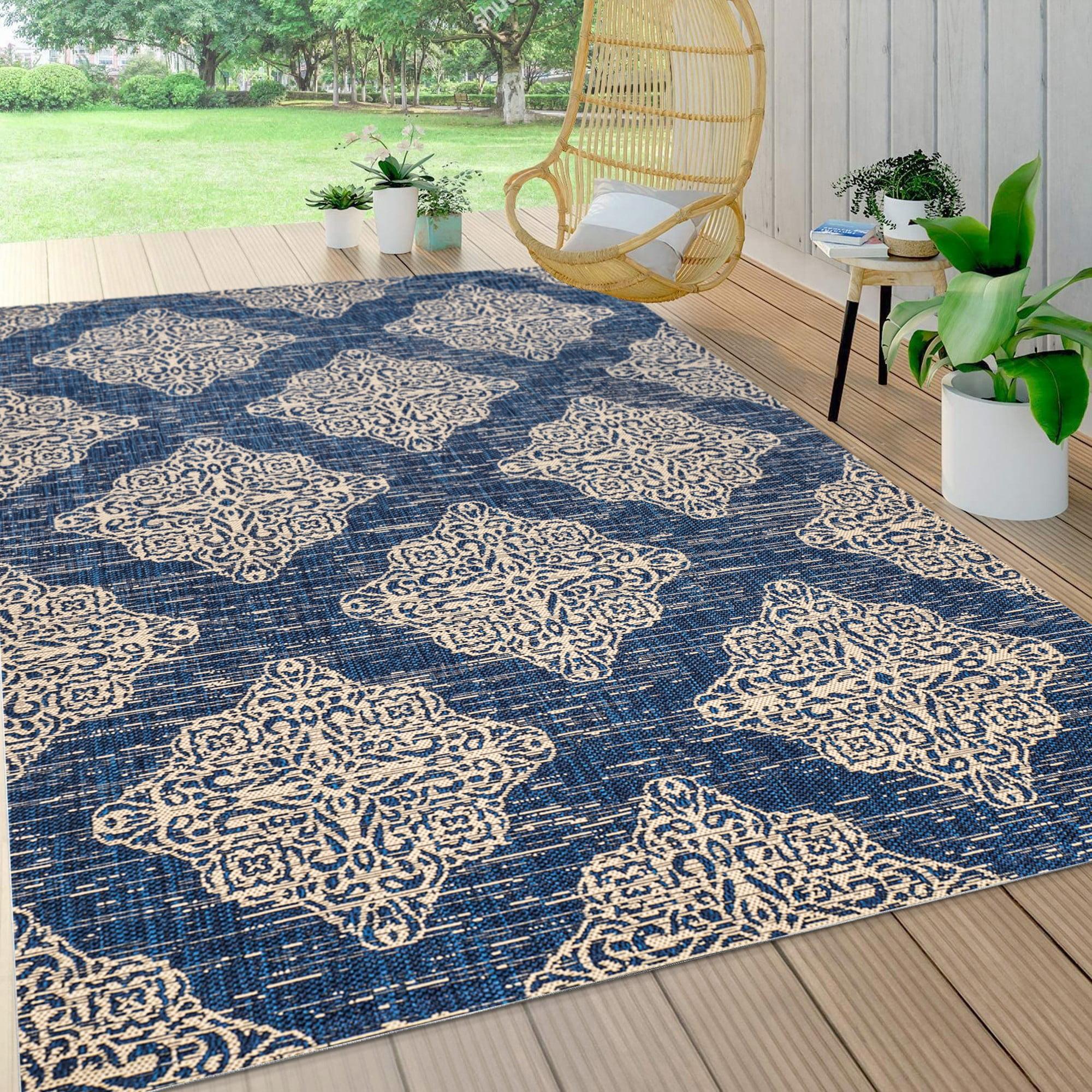4'x6' Tuscany Ornate Medallions Indoor/Outdoor Area Rug, Navy/Beige - JONATHAN Y