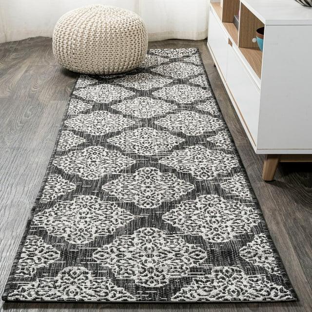 2'x8' Tuscany Ornate Medallions Indoor/Outdoor Runner Rug, Black/Ivory - JONATHAN Y