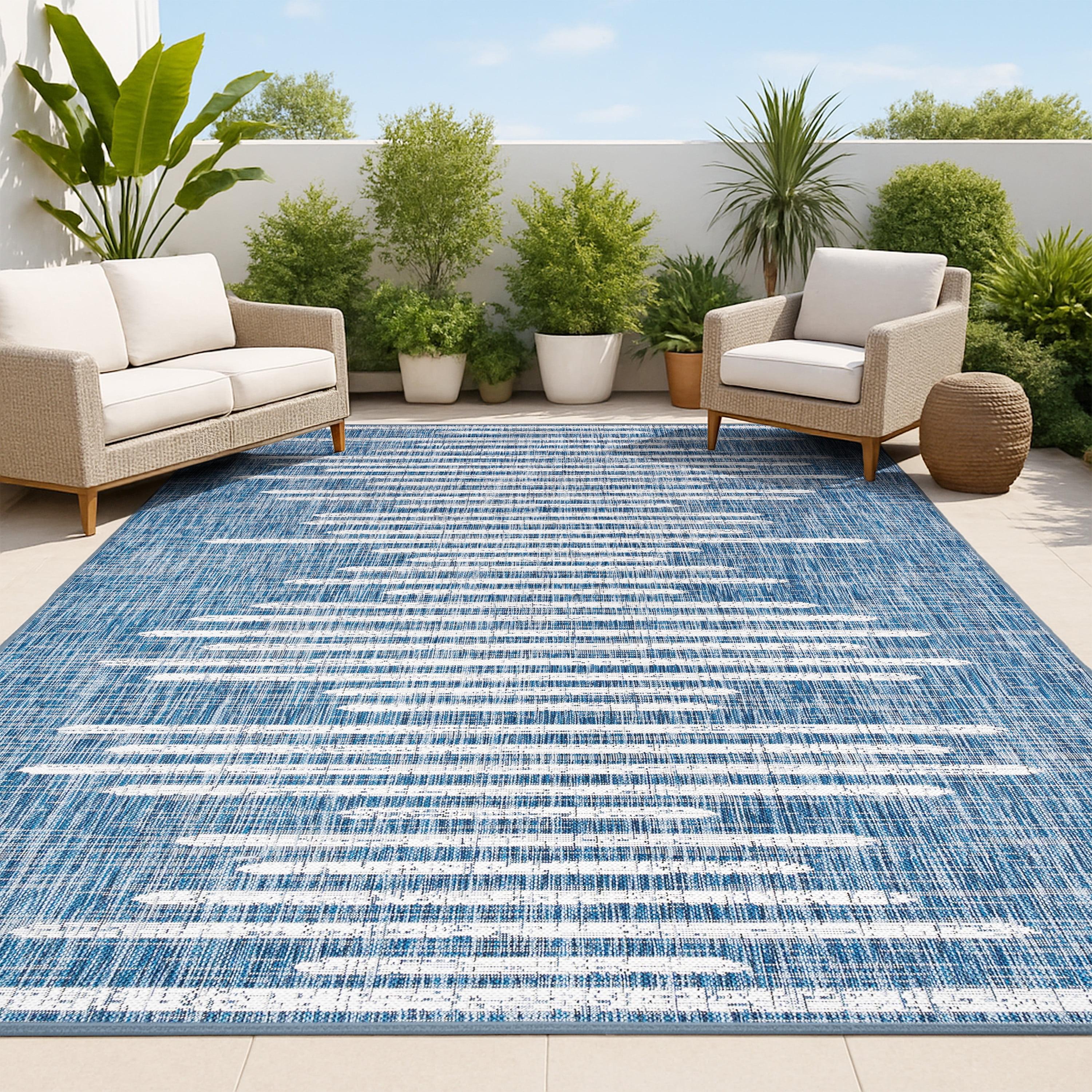 4'x6' Zolak Berber Stripe Geometric Indoor/Outdoor Area Rug, Blue/Ivory - JONATHAN Y