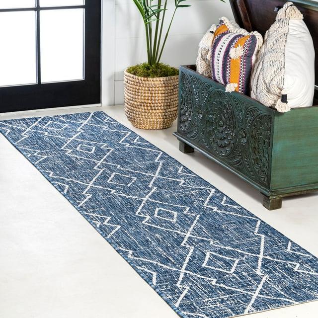 2'x8' Carwa  Diamond Trellis Indoor/Outdoor Runner Rug, Blue/Ivory - JONATHAN Y