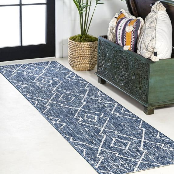 2'x8' Carwa Diamond Trellis Indoor/Outdoor Runner Rug, Blue/Ivory - JONATHAN Y