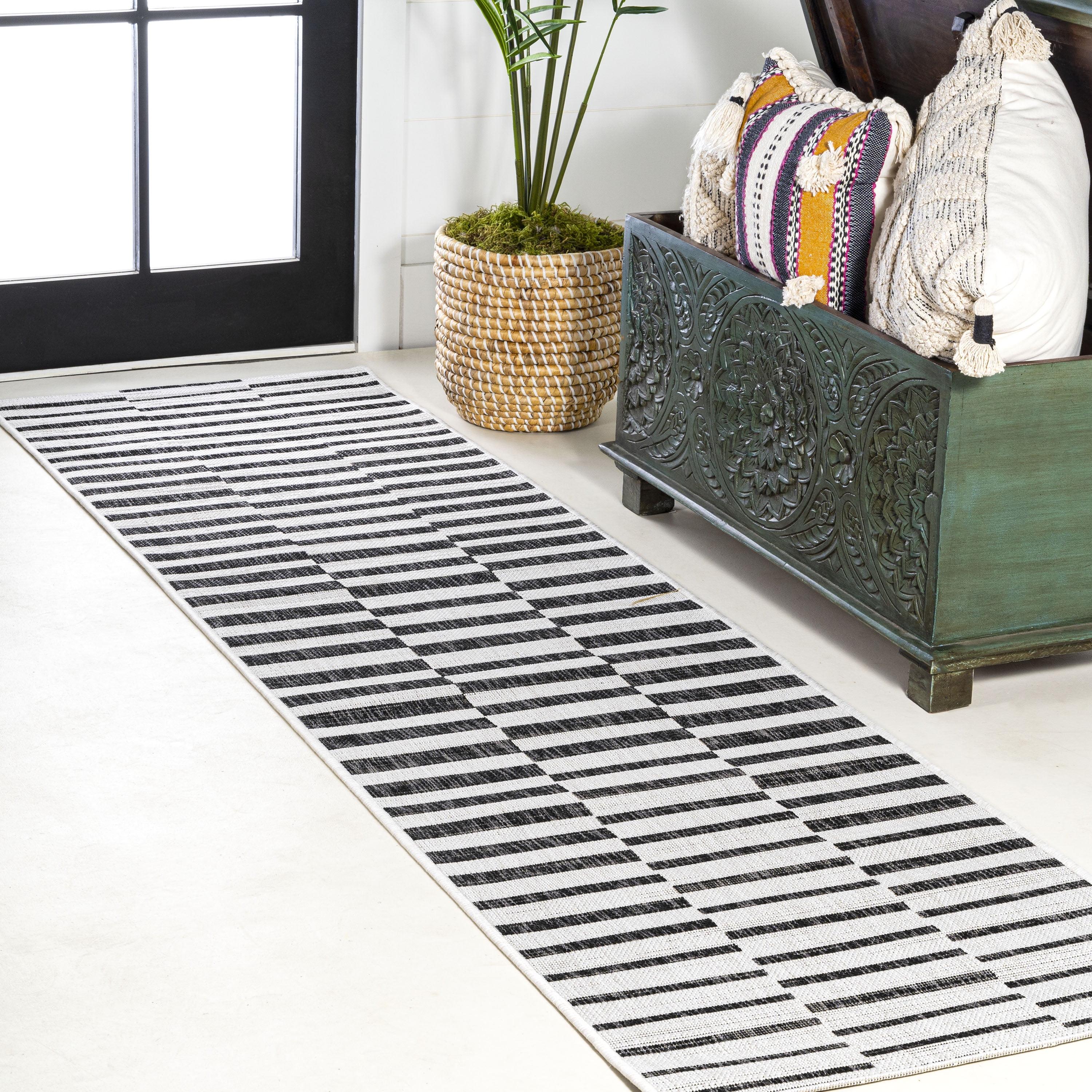 2'x10' Sukie Modern Offset Stripe Indoor/Outdoor Runner Rug, Ivory/Black - JONATHAN Y