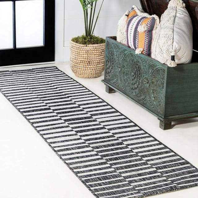 2'x10' Sukie Modern Offset Stripe Indoor/Outdoor Runner Rug, Black/Ivory - JONATHAN Y