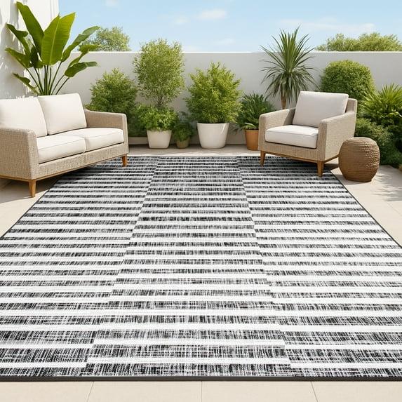 8'x10' Sukie Modern Offset Stripe Indoor/Outdoor Area Rug, Black/Ivory - JONATHAN Y