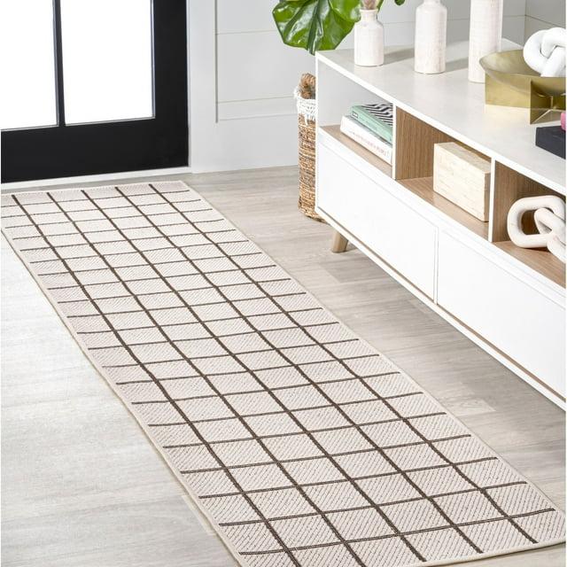 2' x 8' Grid Modern Squares Indoor/Outdoor Runner Rug, Cream/Black - JONATHAN Y