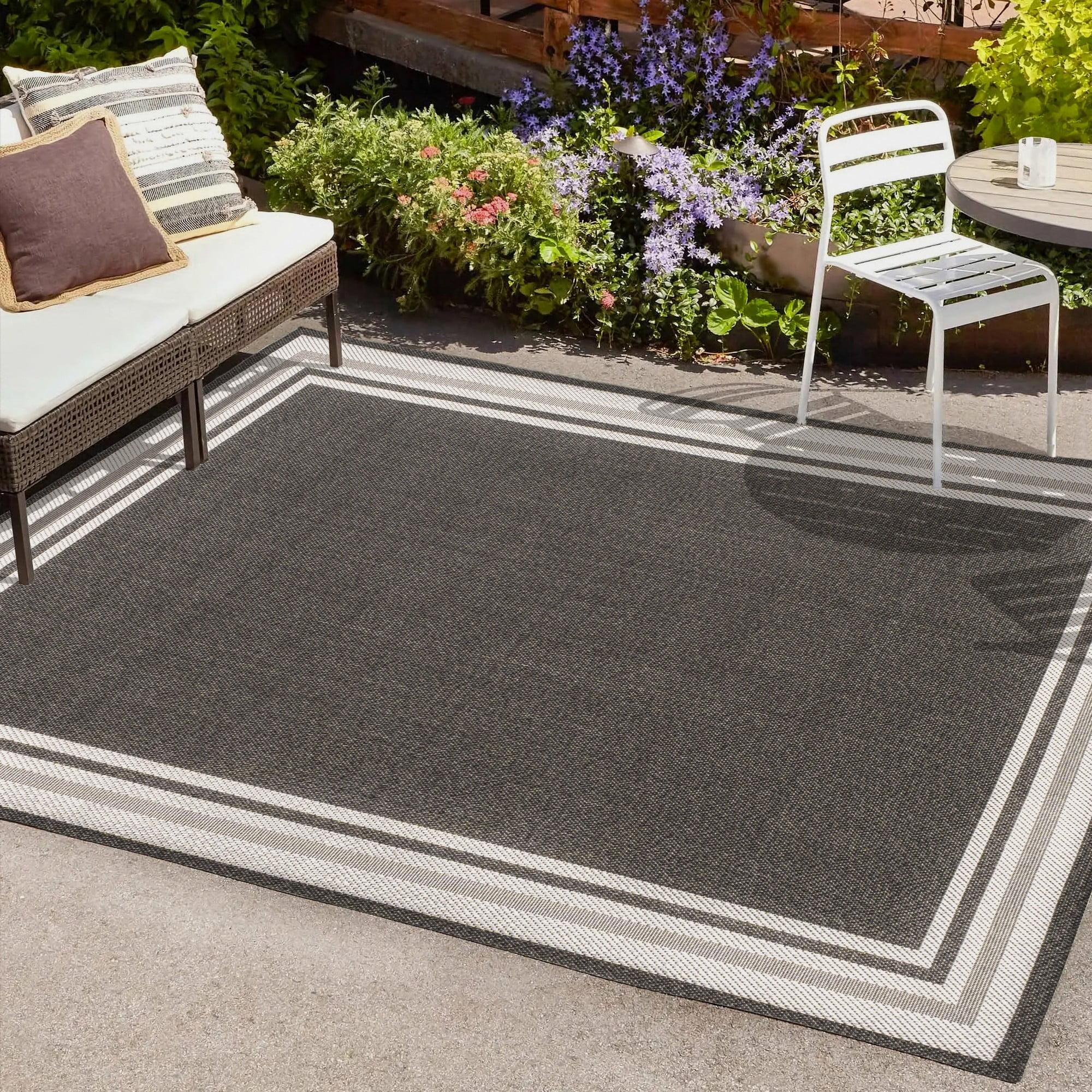 5' x 8' James Modern Border Stripe Indoor/Outdoor Area Rug, Black/Cream - JONATHAN Y