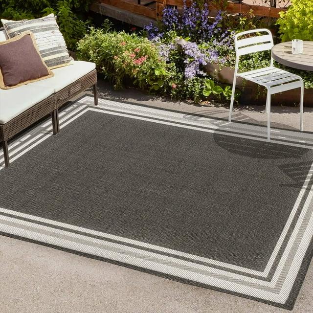 5' x 8' James Modern Border Stripe Indoor/Outdoor Area Rug, Black/Cream - JONATHAN Y