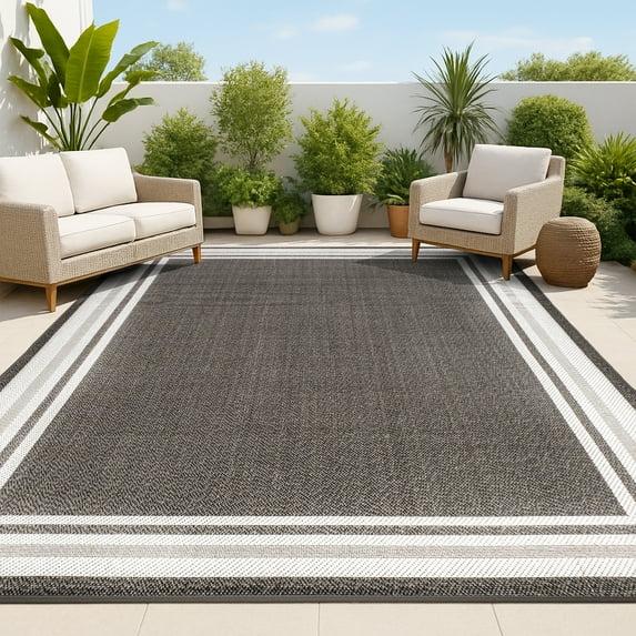 8' x 10' James Modern Border Stripe Indoor/Outdoor Area Rug, Black/Cream - JONATHAN Y