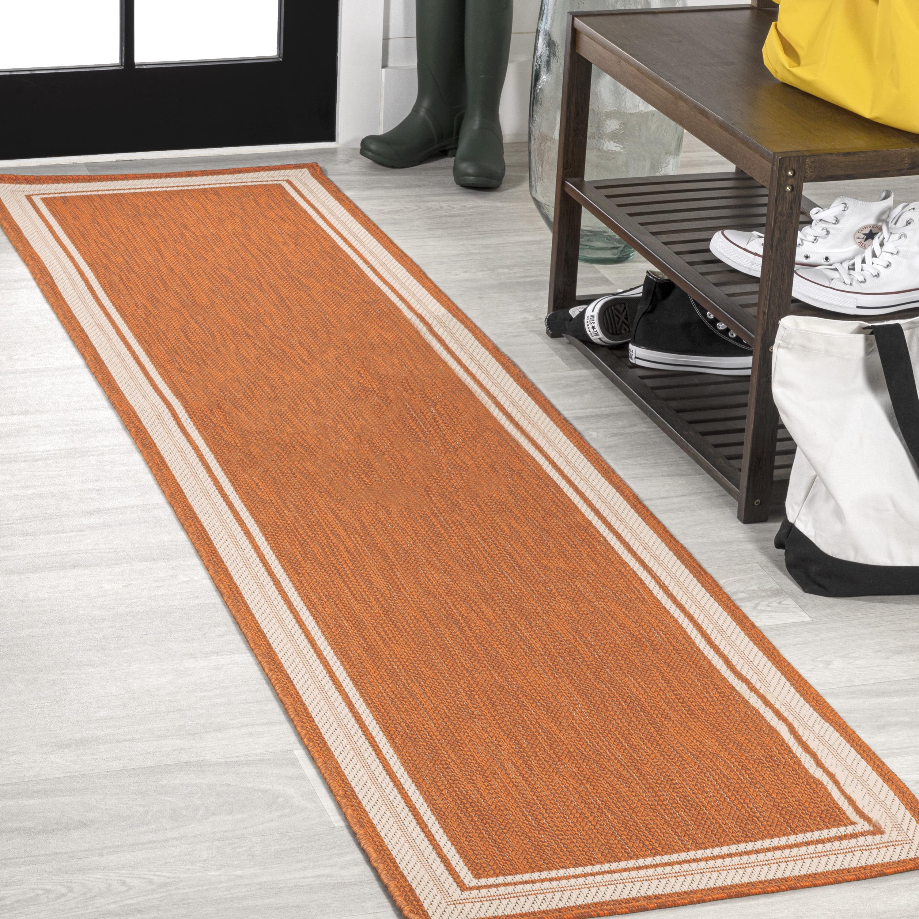 2' x 8' James Modern Border Stripe Indoor/Outdoor Runner Rug, Orange/Cream - JONATHAN Y