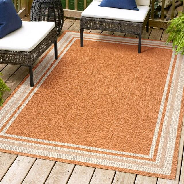 8' x 10' James Modern Border Stripe Indoor/Outdoor Area Rug, Orange/Cream - JONATHAN Y