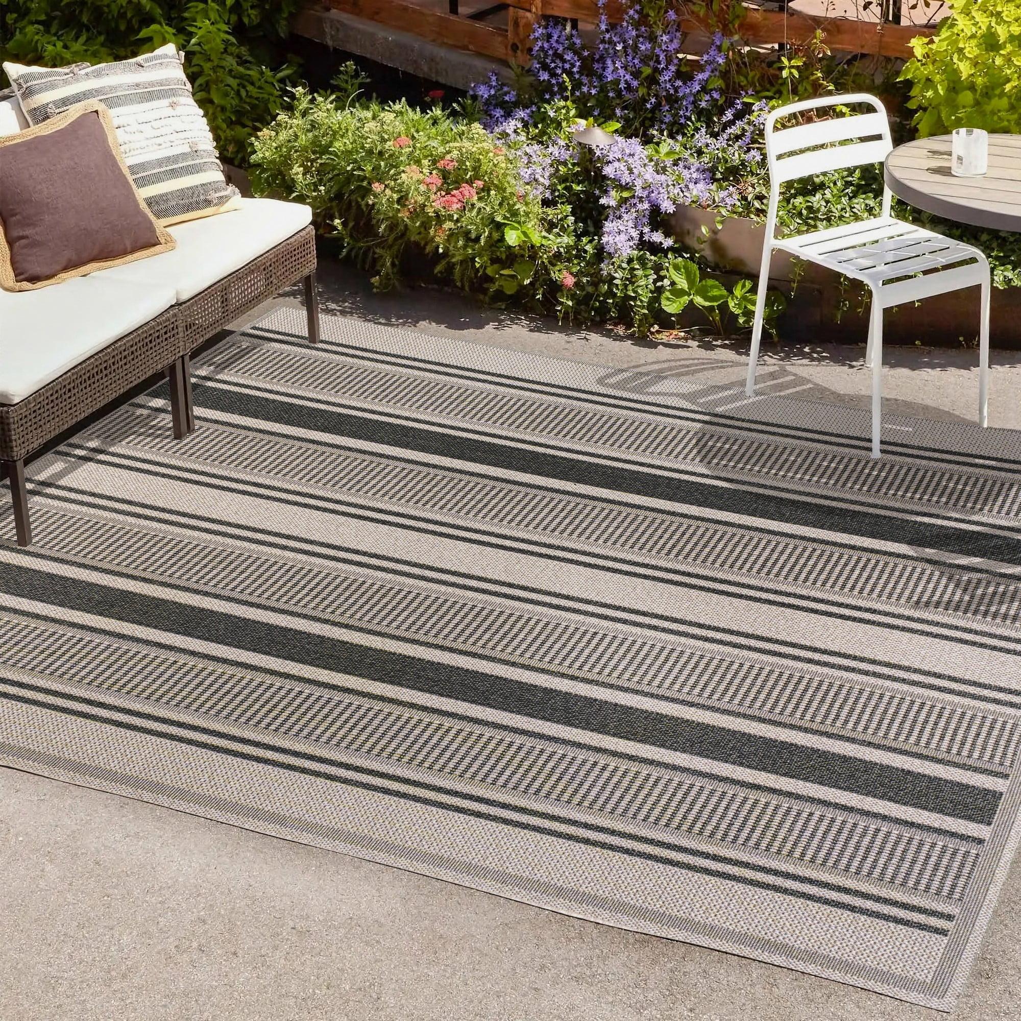 3' x 5' Haynes Modern Double Stripe Indoor/Outdoor Area Rug, Black/Beige - JONATHAN Y