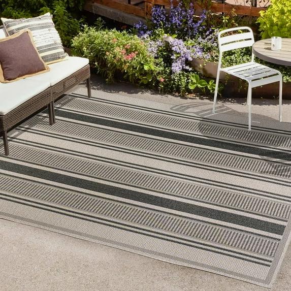 3' x 5' Haynes Modern Double Stripe Indoor/Outdoor Area Rug, Black/Beige - JONATHAN Y