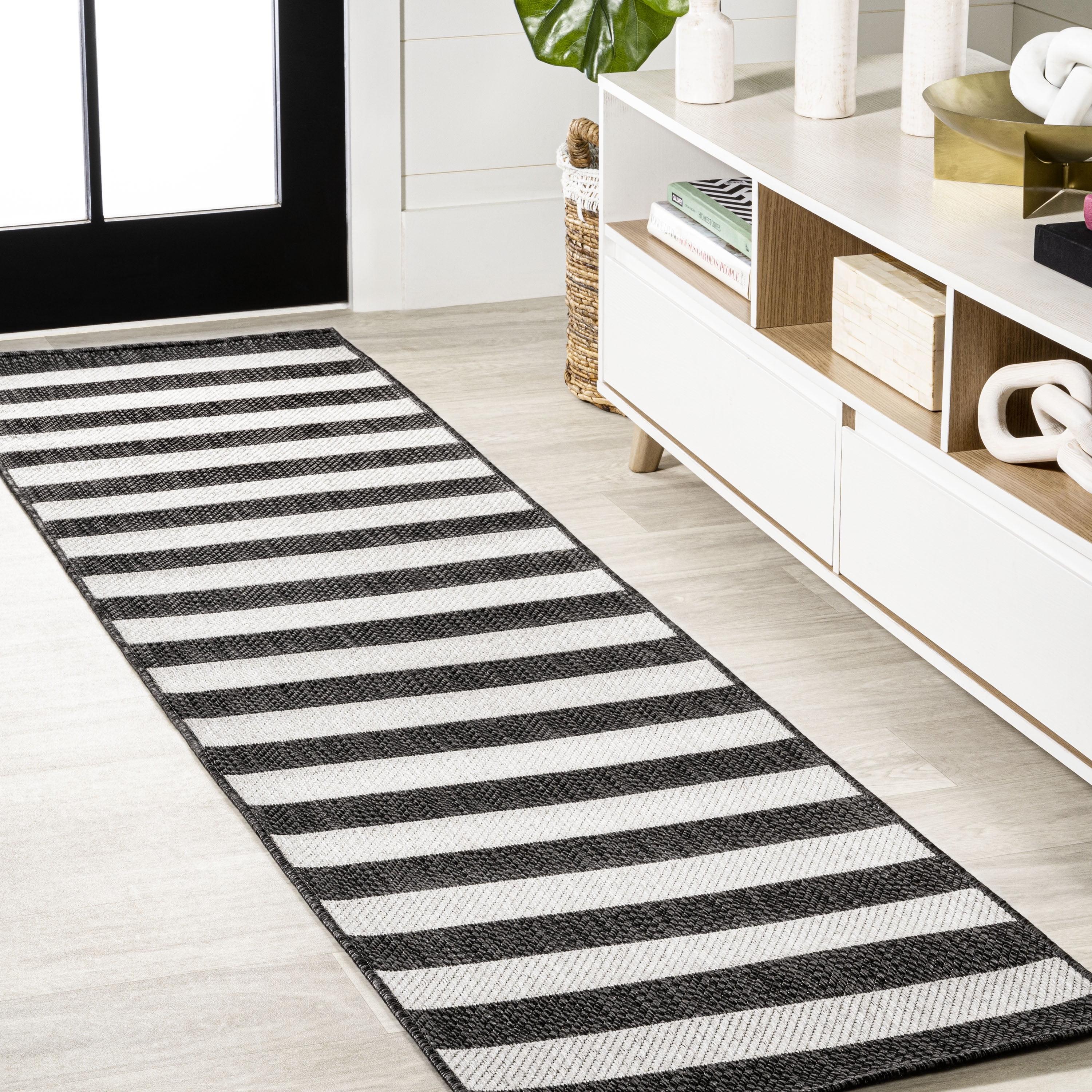 2' x 8' Negril Two-Tone Wide Stripe Indoor/Outdoor Runner Rug, Black/Cream - JONATHAN Y